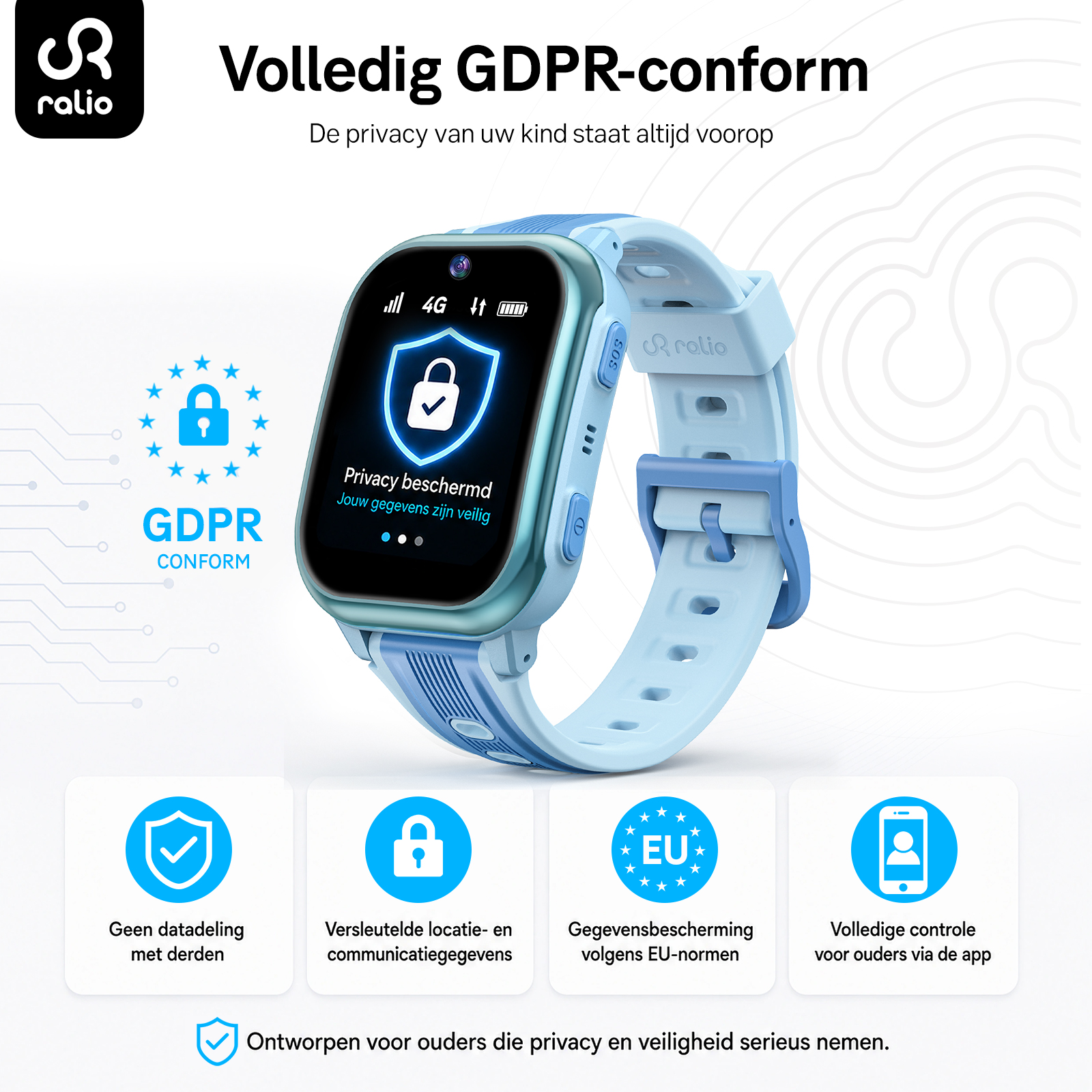Ein blaues Kinder-Smartwatch mit einem Bildschirm, der „Datenschutz geschützt“ anzeigt. Umgeben von Icons, die Sicherheit und EU-Normen symbolisieren.