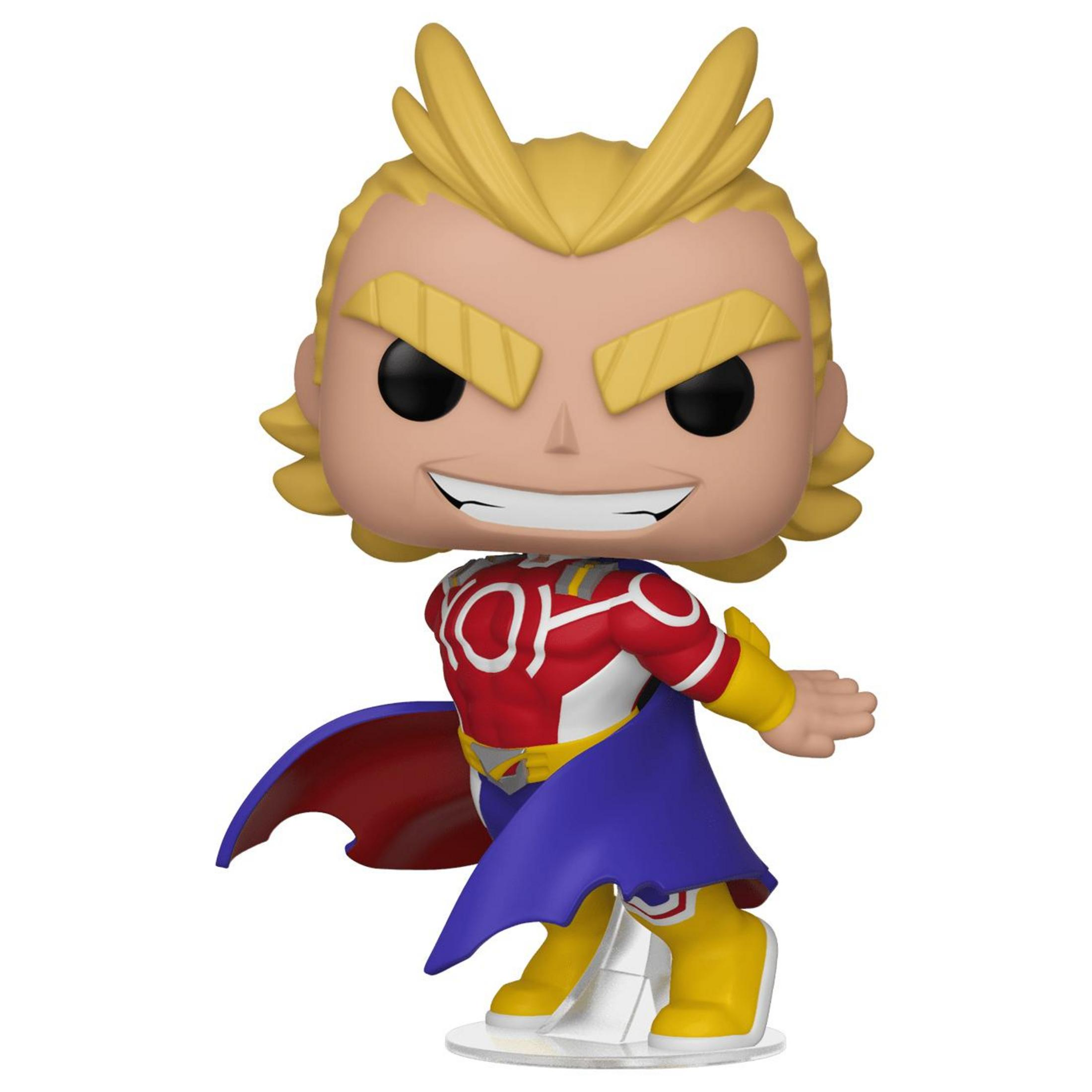 Figura Funko Pop de All Might con traje de héroe, top rojo y capa azul/roja.