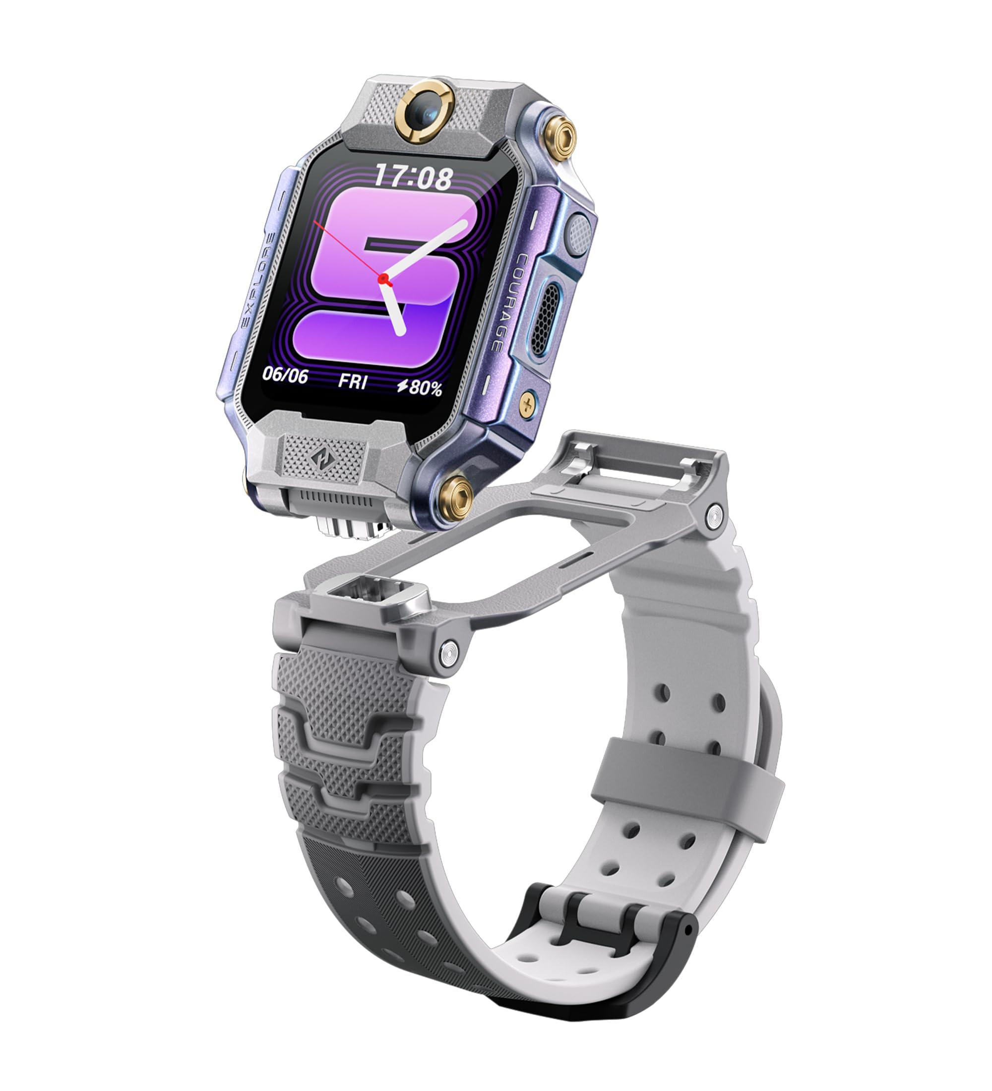 Graue Smartwatch mit lila Zifferblatt und abnehmbarem Armband.
