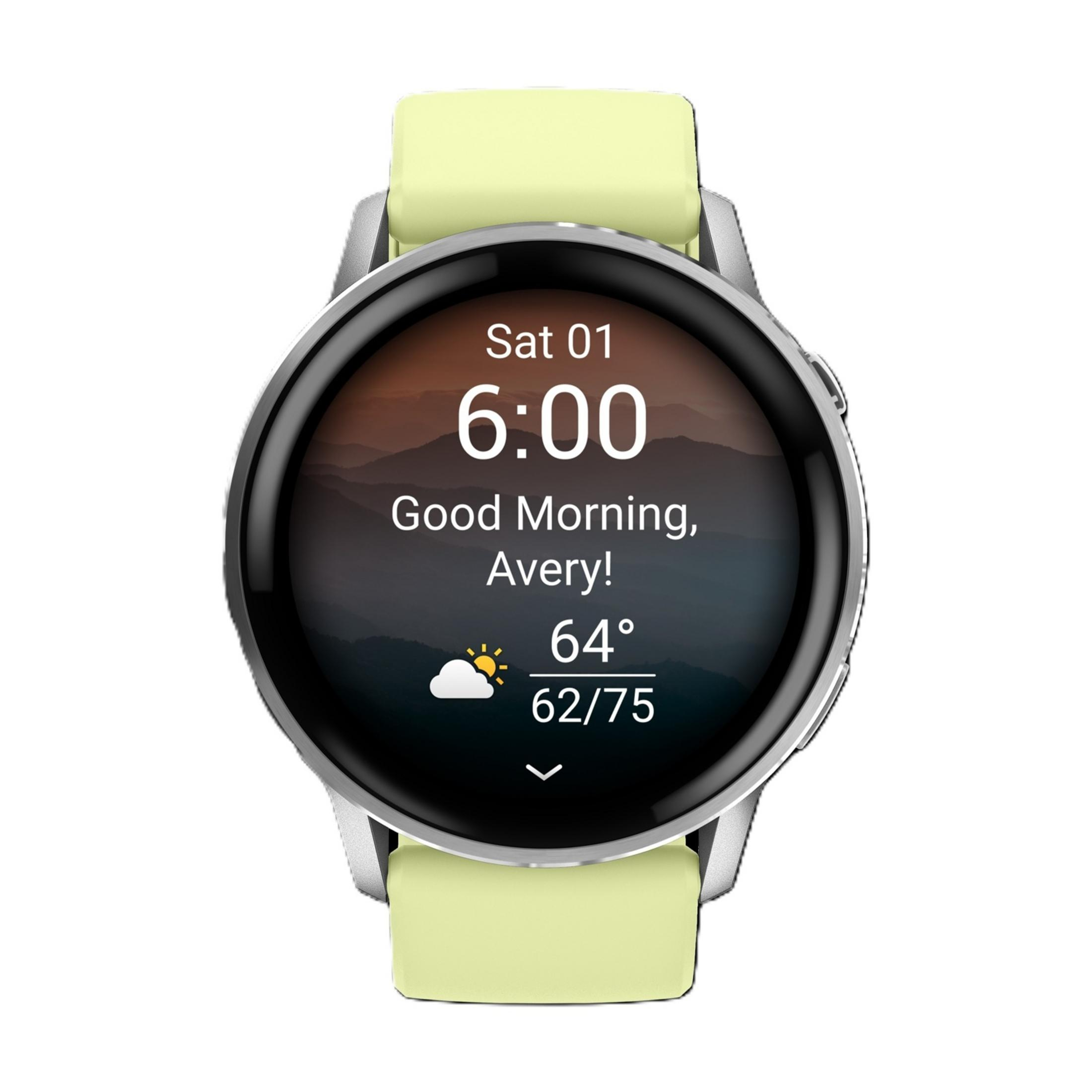 Eine Smartwatch mit hellgrünem Armband zeigt Sat 01, 6:00, Guten Morgen Avery, 64 Grad.