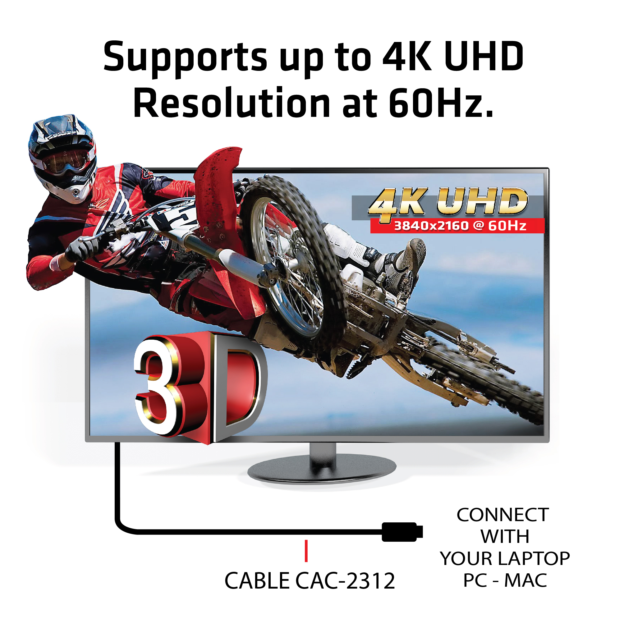 Monitor zeigt einen Motocross-Fahrer, 4K UHD, 3D und Kabel an.