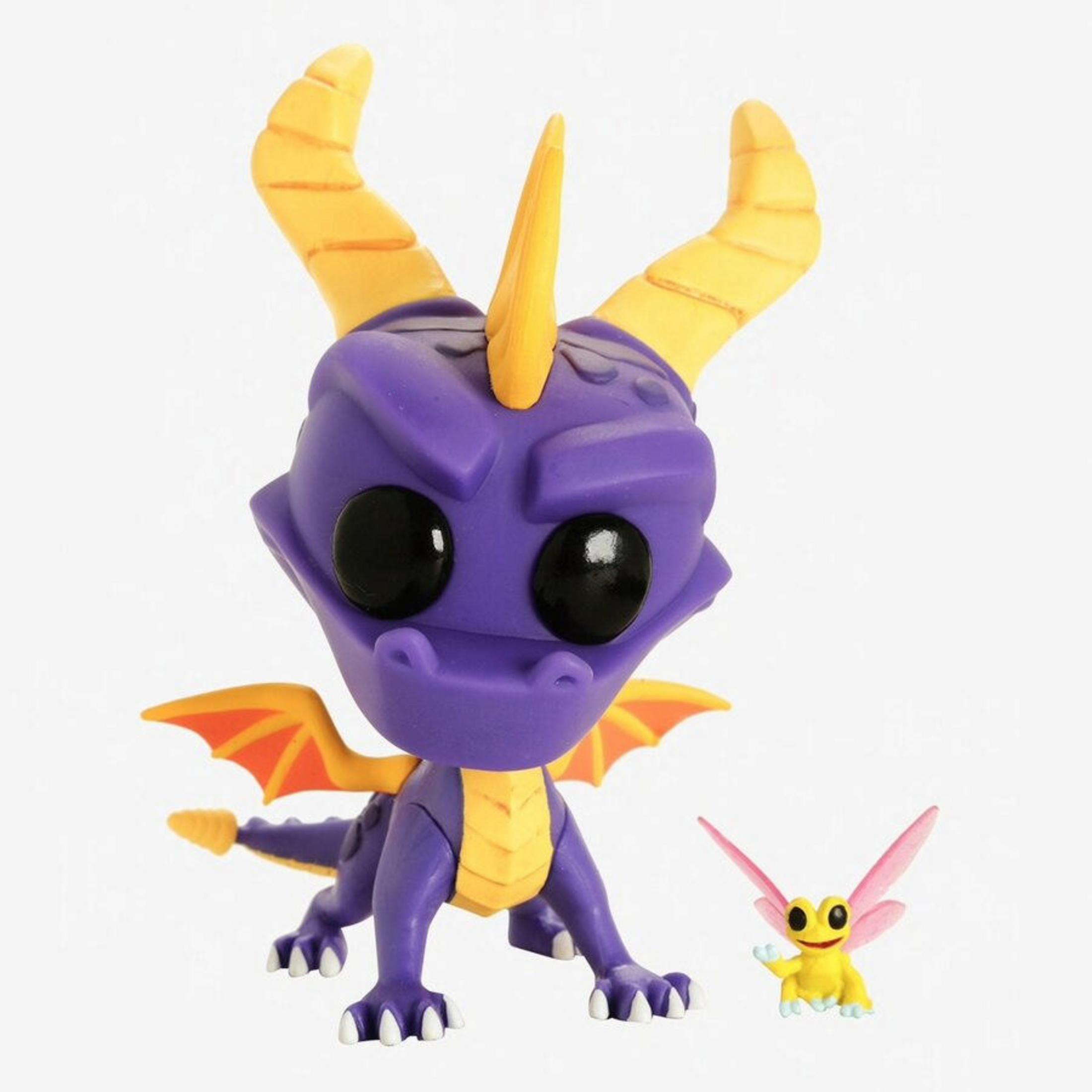 Lila Drache mit gelben Hörnern und Flügeln neben einer kleinen gelben Fee.