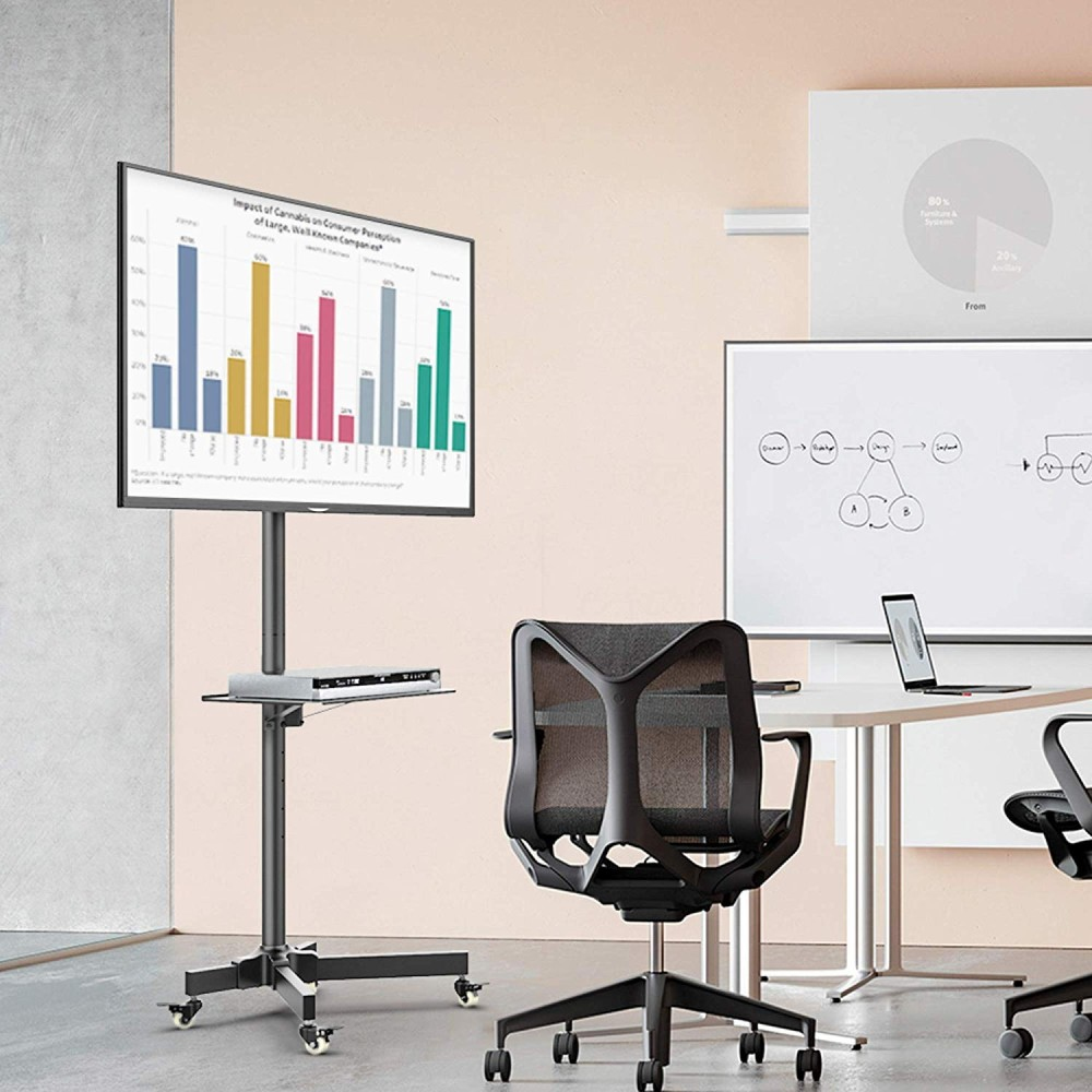 Una sala riunioni con uno schermo mobile che mostra un grafico a barre.