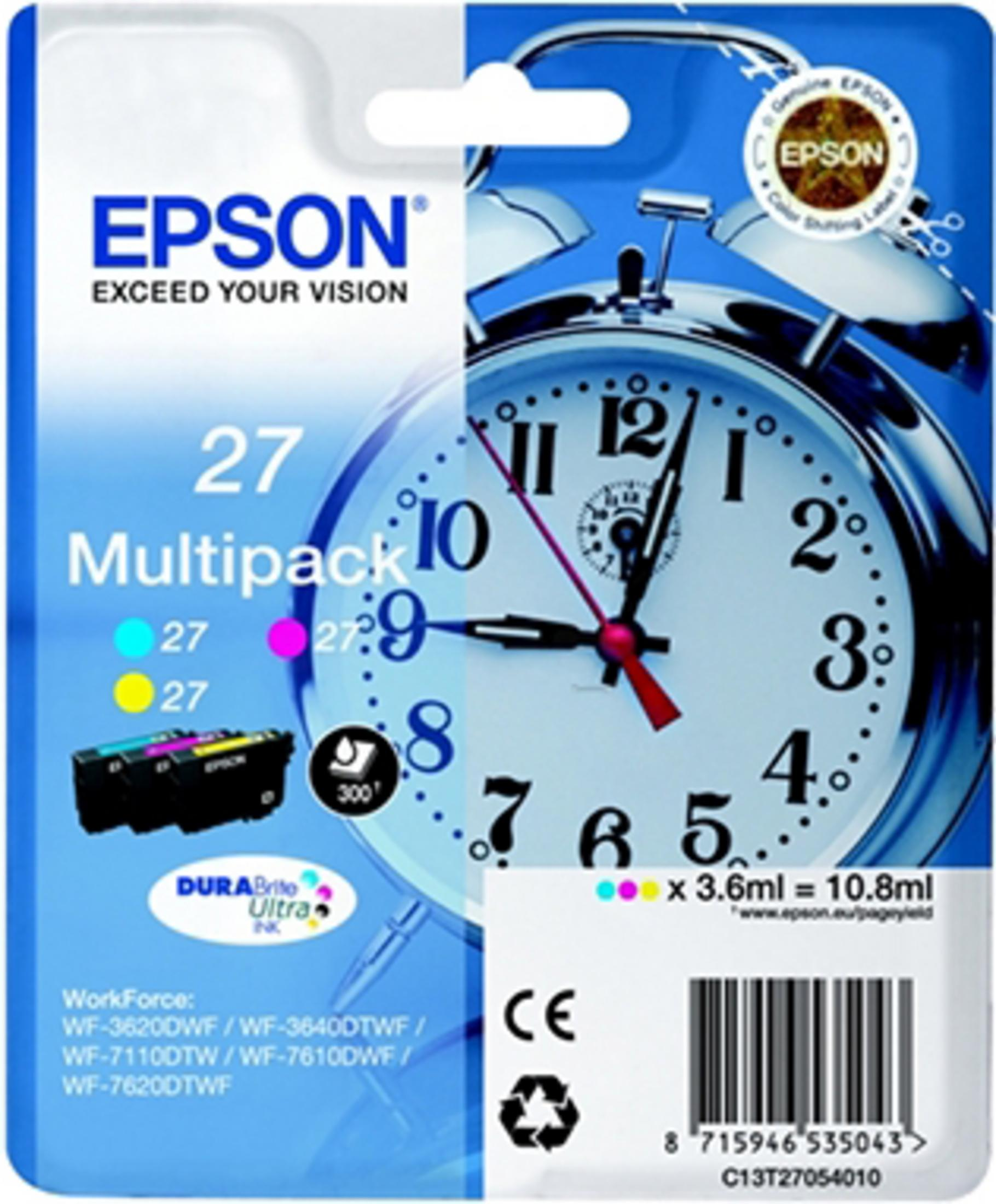 Cartucce d'inchiostro Epson 27 multipack con grafica sveglia e codice a barre.