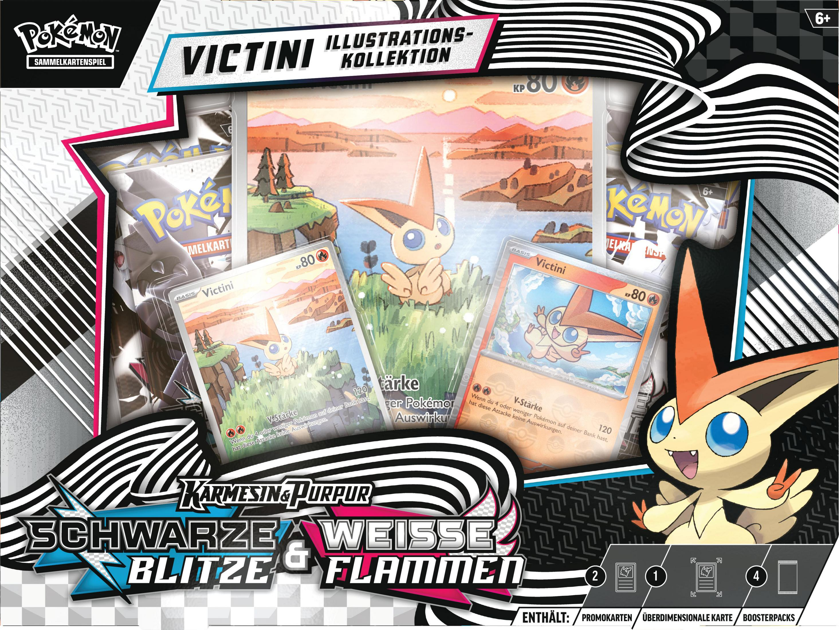 Pokémon Victini Illustrationen Kollektion mit Sammelkarten und Promokarten.