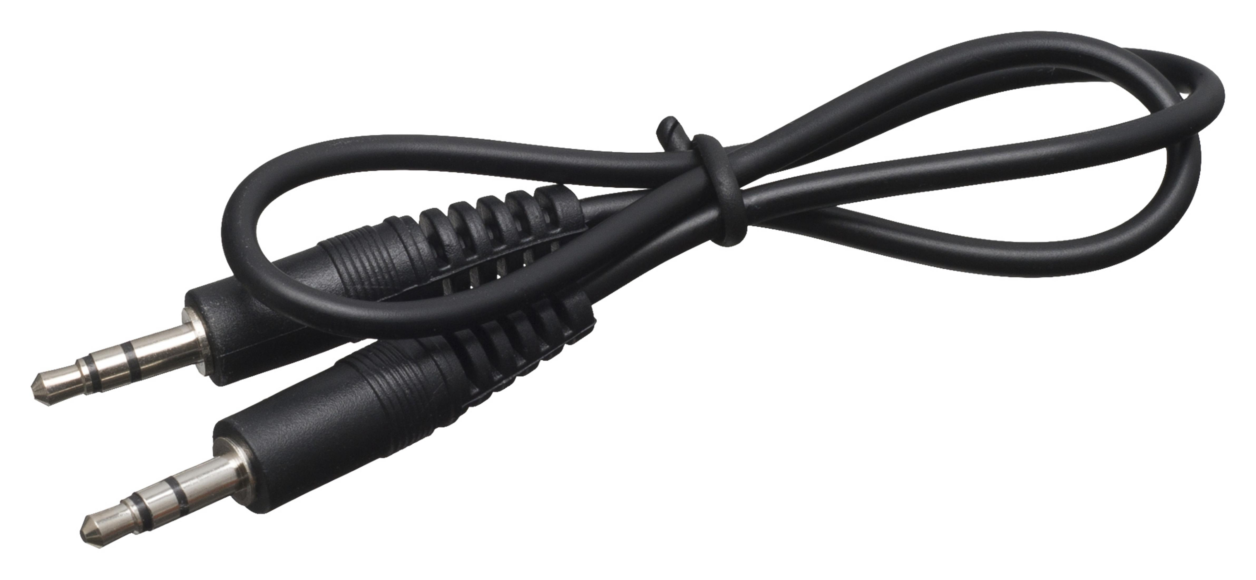 Un cavo audio nero con due connettori jack da 3,5 mm, legati insieme.