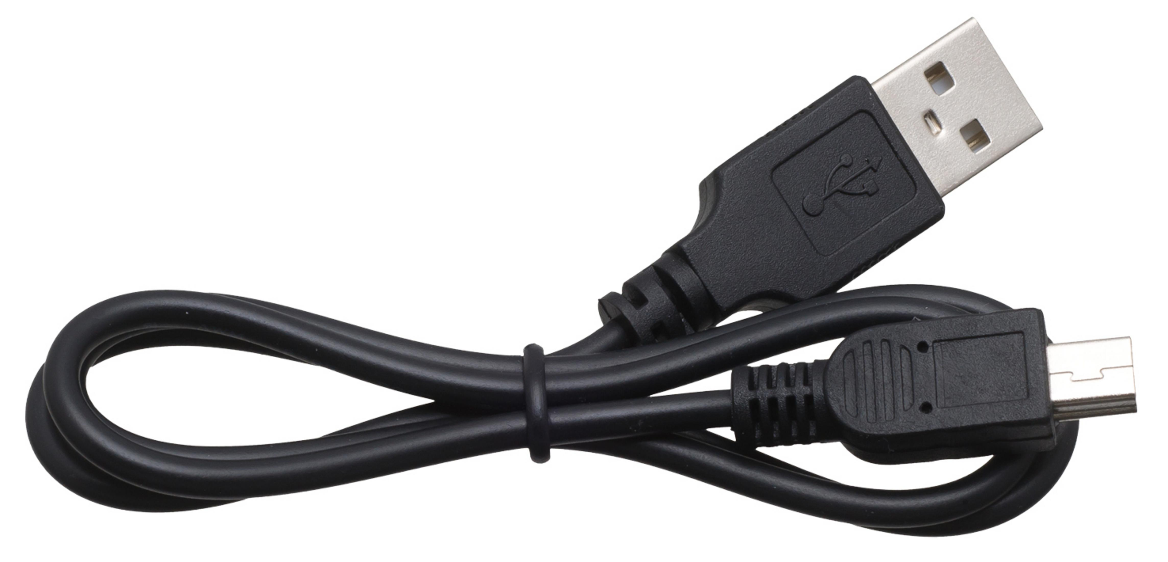 Un cavo USB nero con connettori USB-A e Micro-USB, arrotolato.