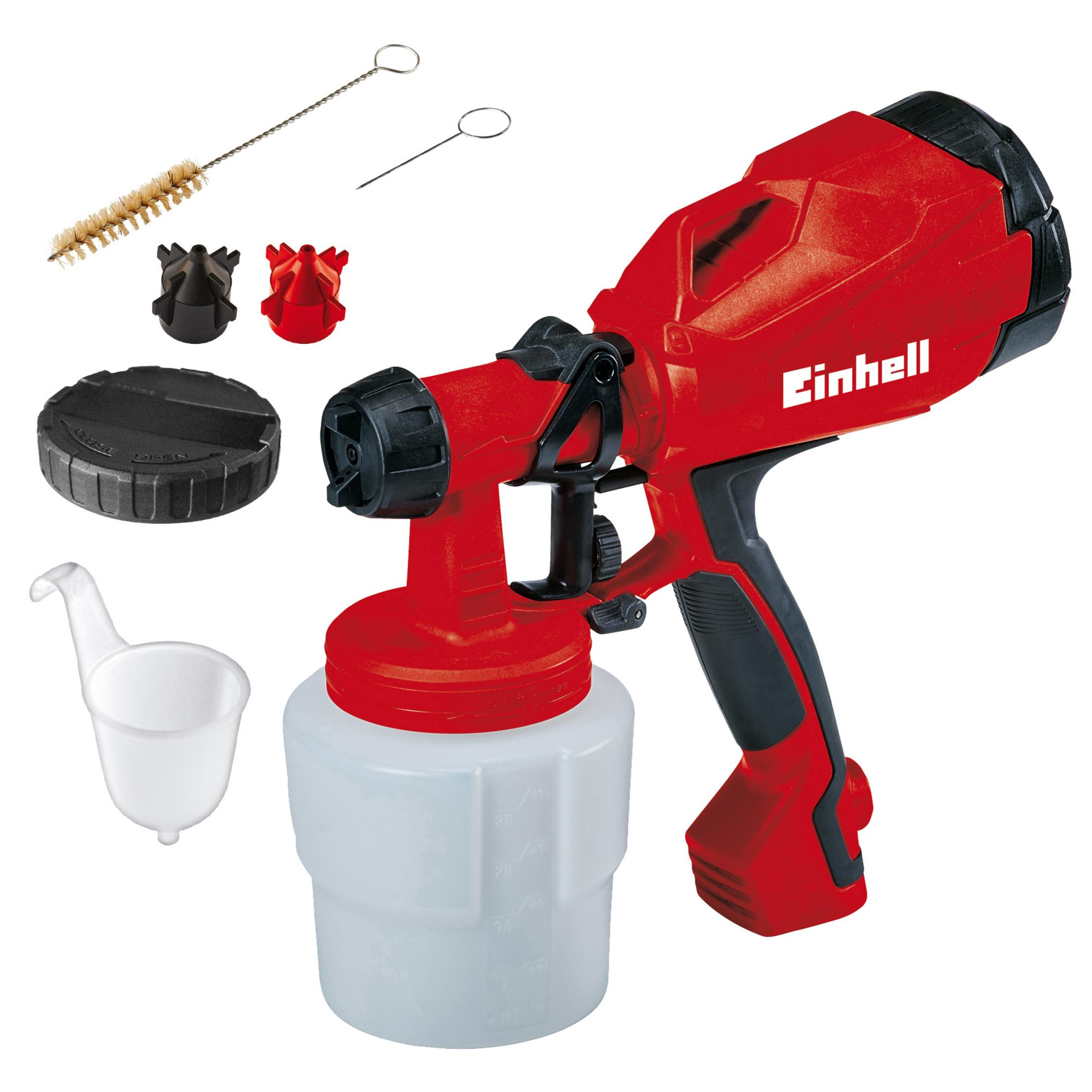 Rote Spritzpistole mit Zubehör: Bürste, Nadel, Düsen, Deckel, Trichter.