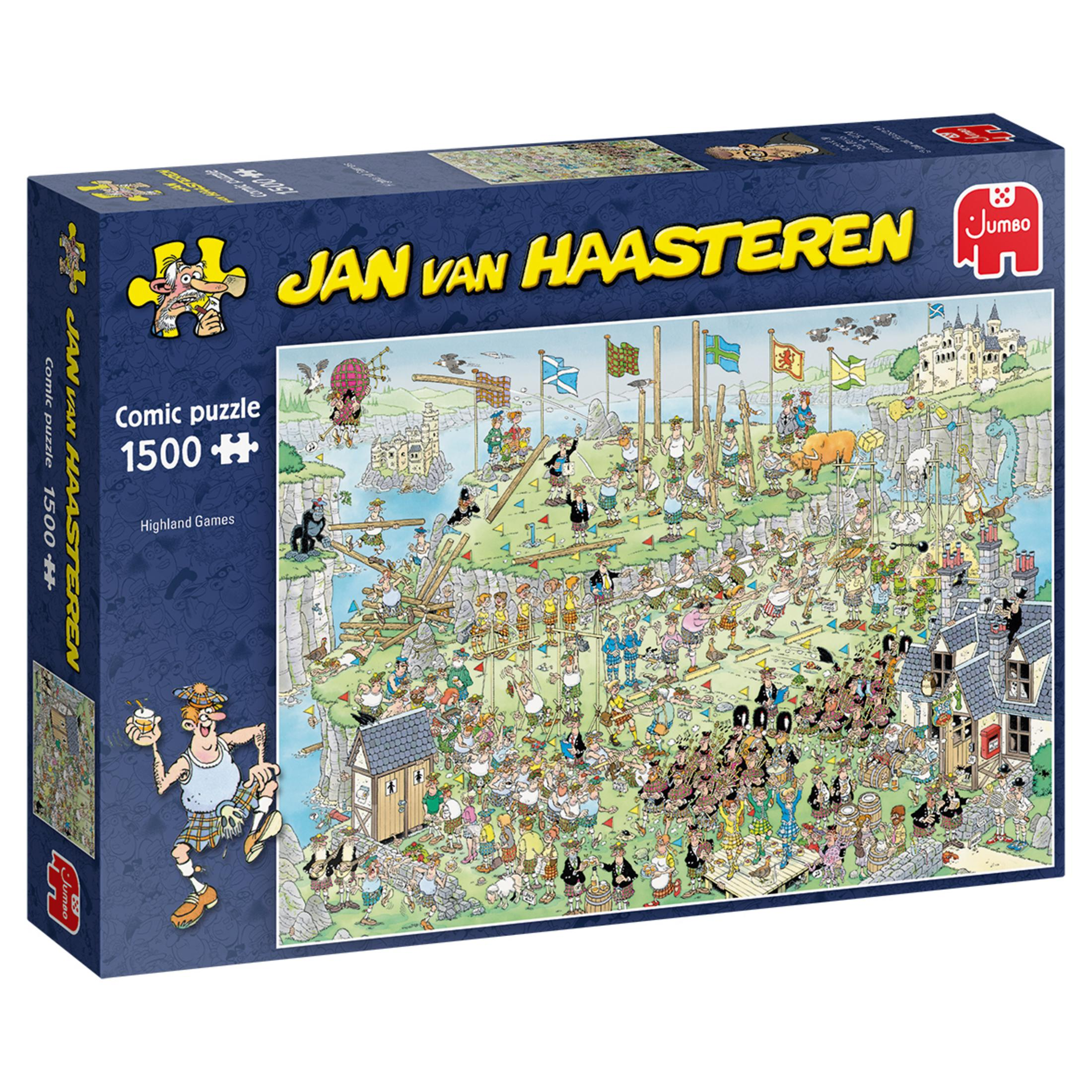 Eine bunte Comic-Puzzle-Schachtel mit dem Titel 'Highland Games'.