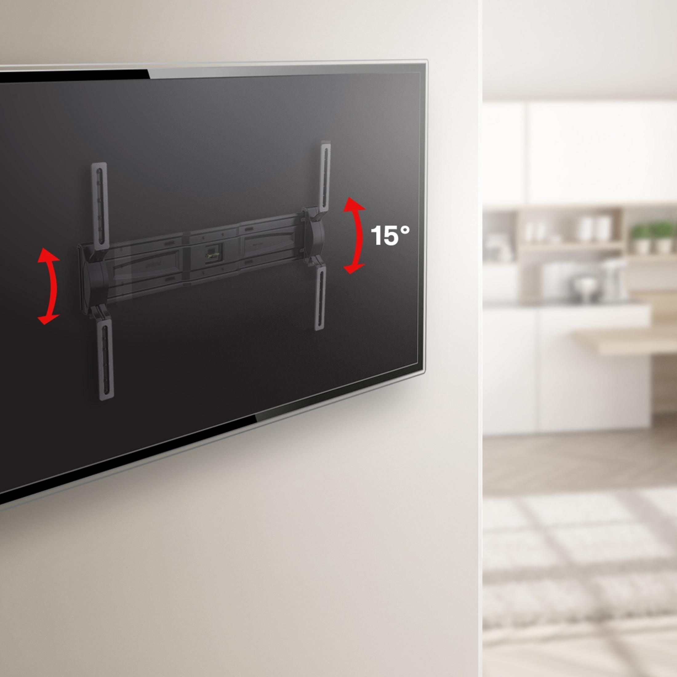 Een tv is bevestigd aan een muurbeugel, de kantelhoek wordt getoond.