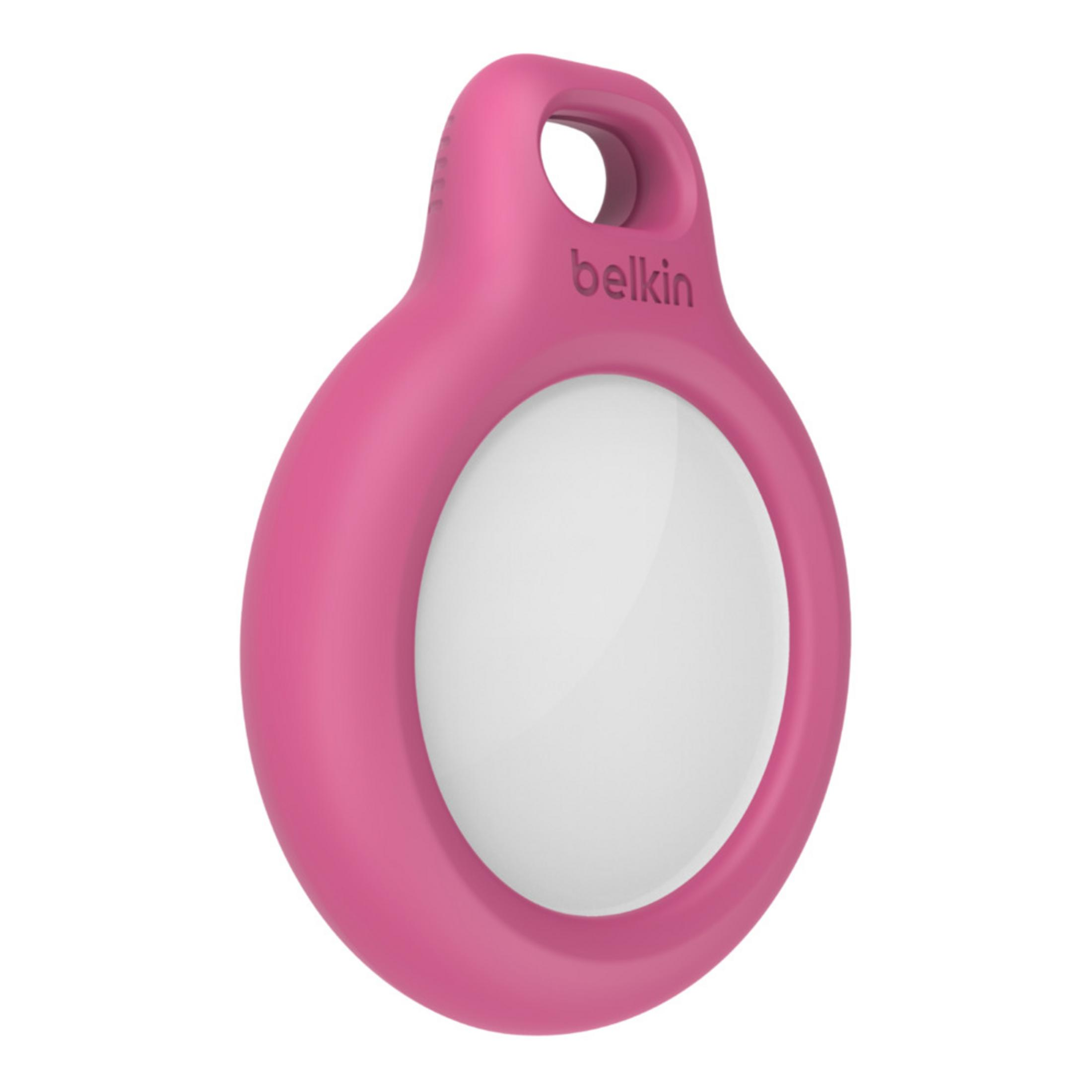 Un accessorio Belkin rosa con centro bianco e foro per attacco.