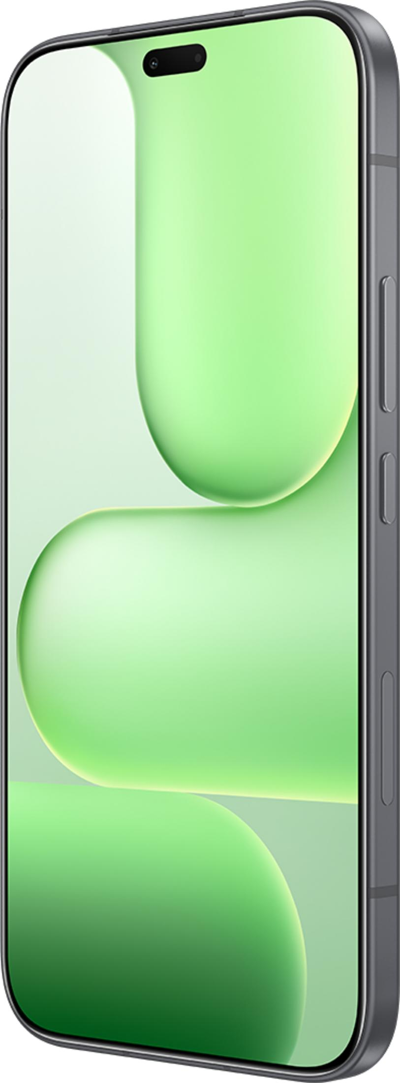 Un smartphone gris con un fondo abstracto verde claro.