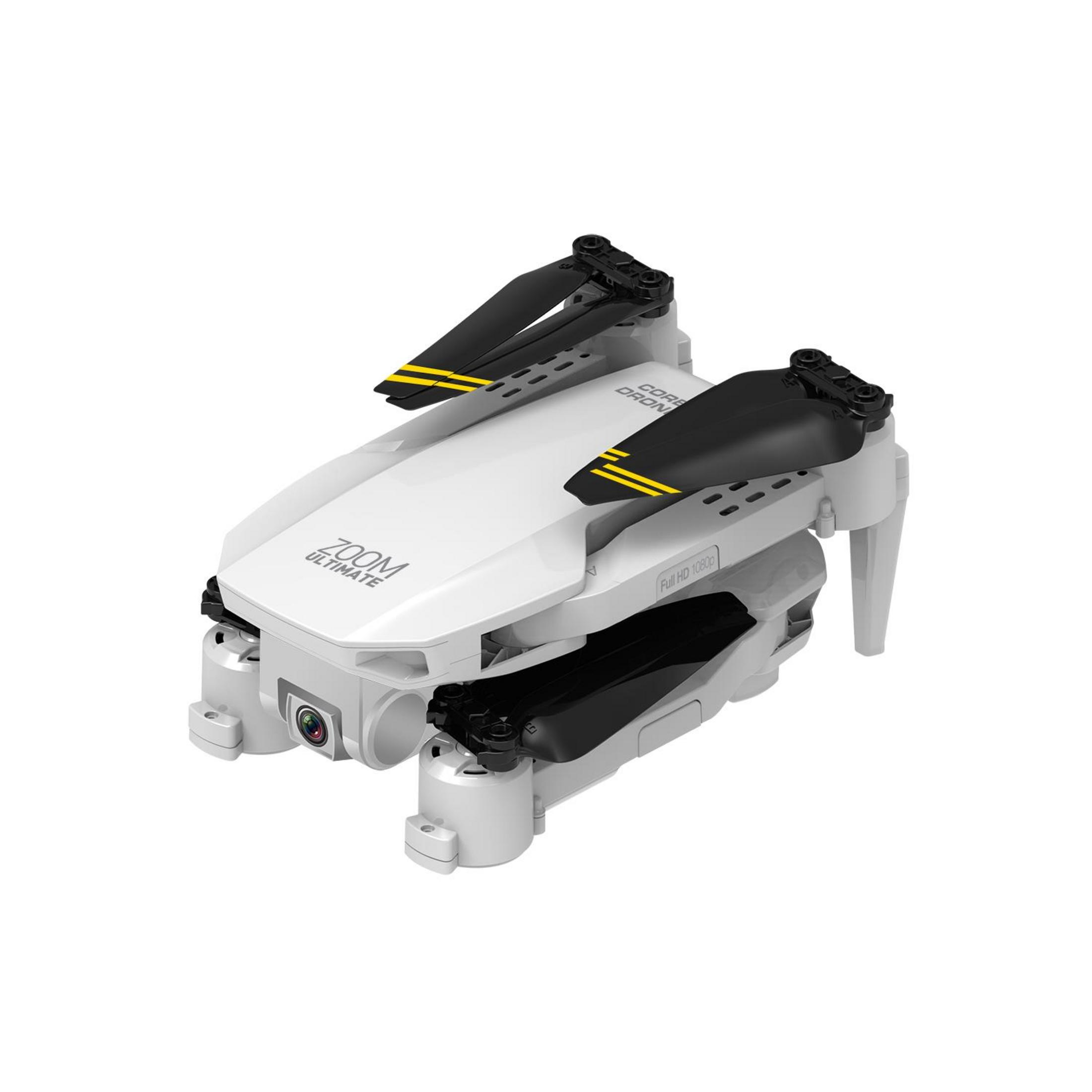 Siyah pervaneli ve sarı şeritli beyaz katlanabilir drone.