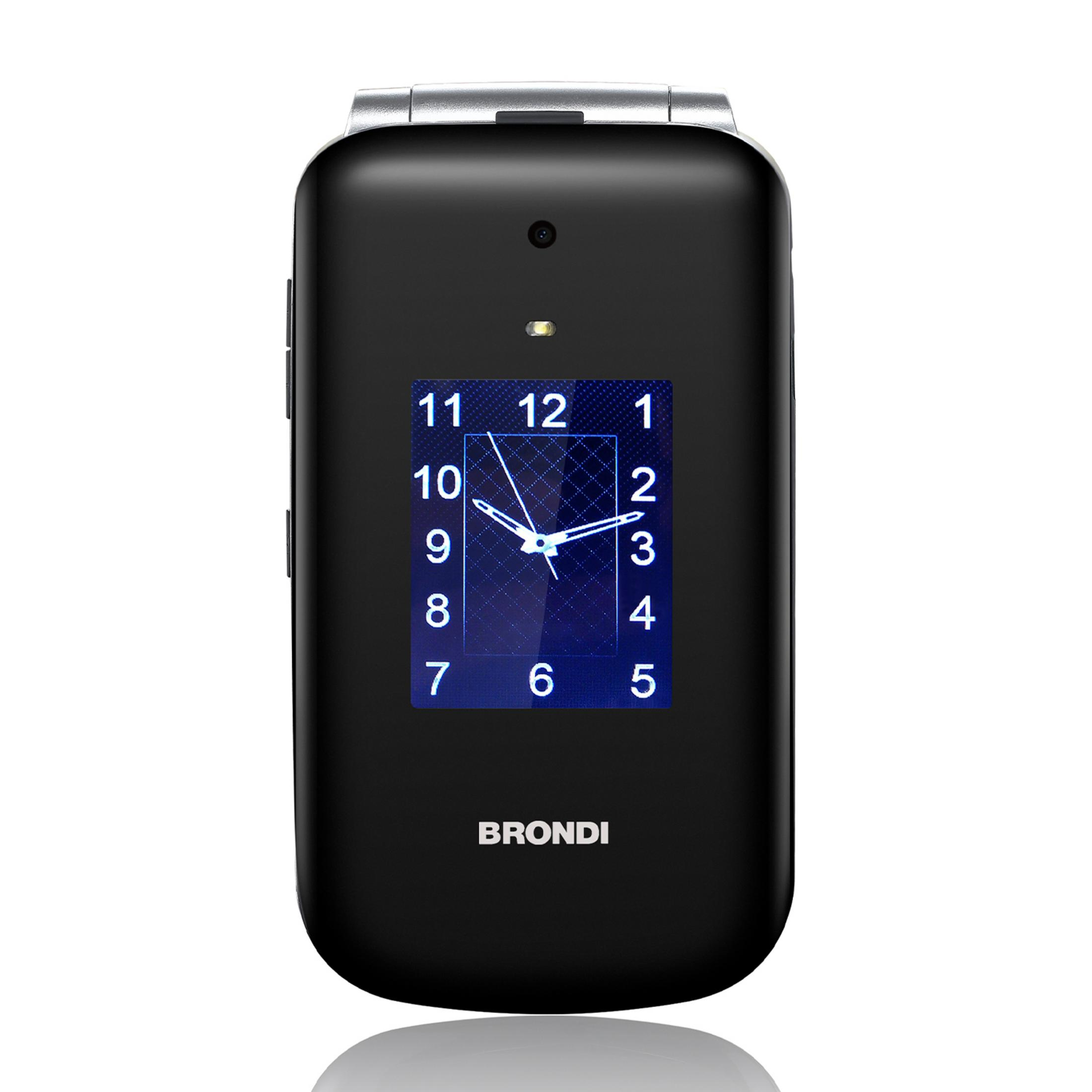 Teléfono plegable negro con pantalla de reloj. Marca BRONDI.