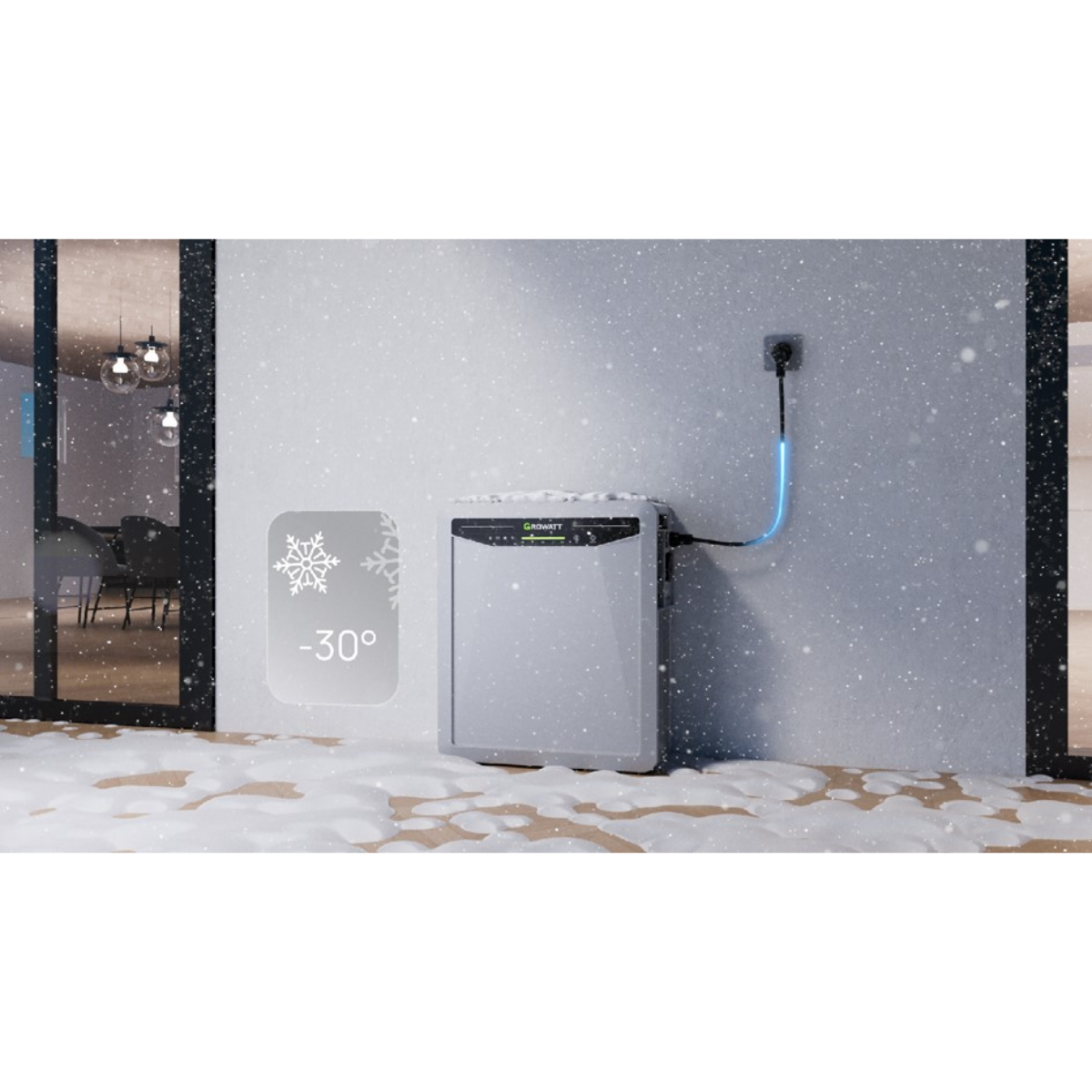 A white "Growatt" box sits in the snow, connected by a blue cable to an outlet.