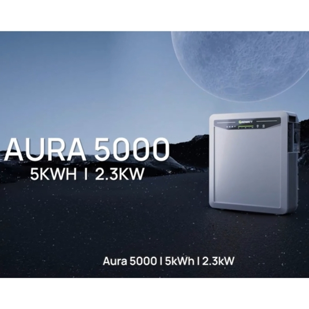 A white Growatt Aura 5000 storage unit next to a moon.