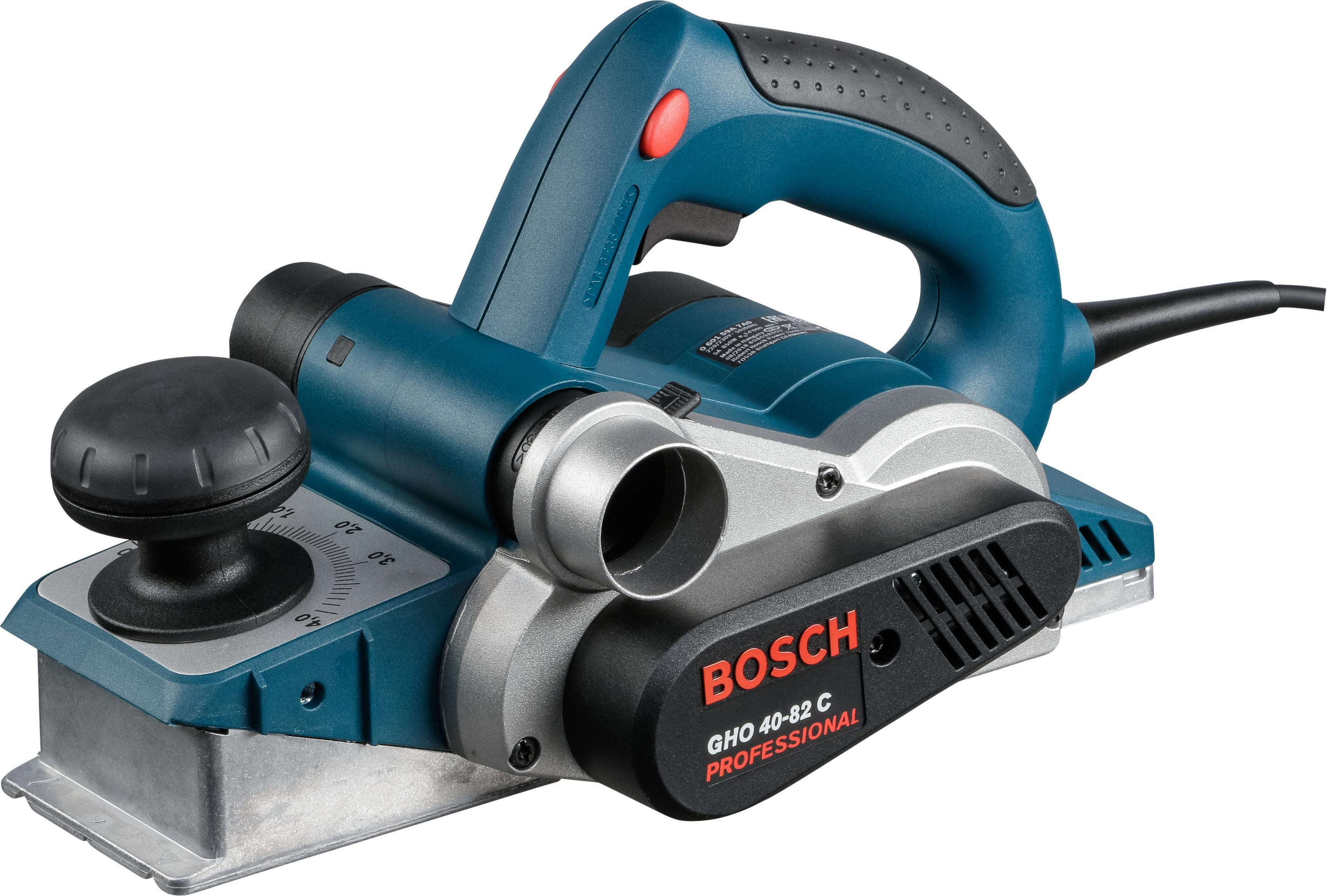 Una pialla elettrica Bosch blu con accenti argento e neri, su sfondo bianco.