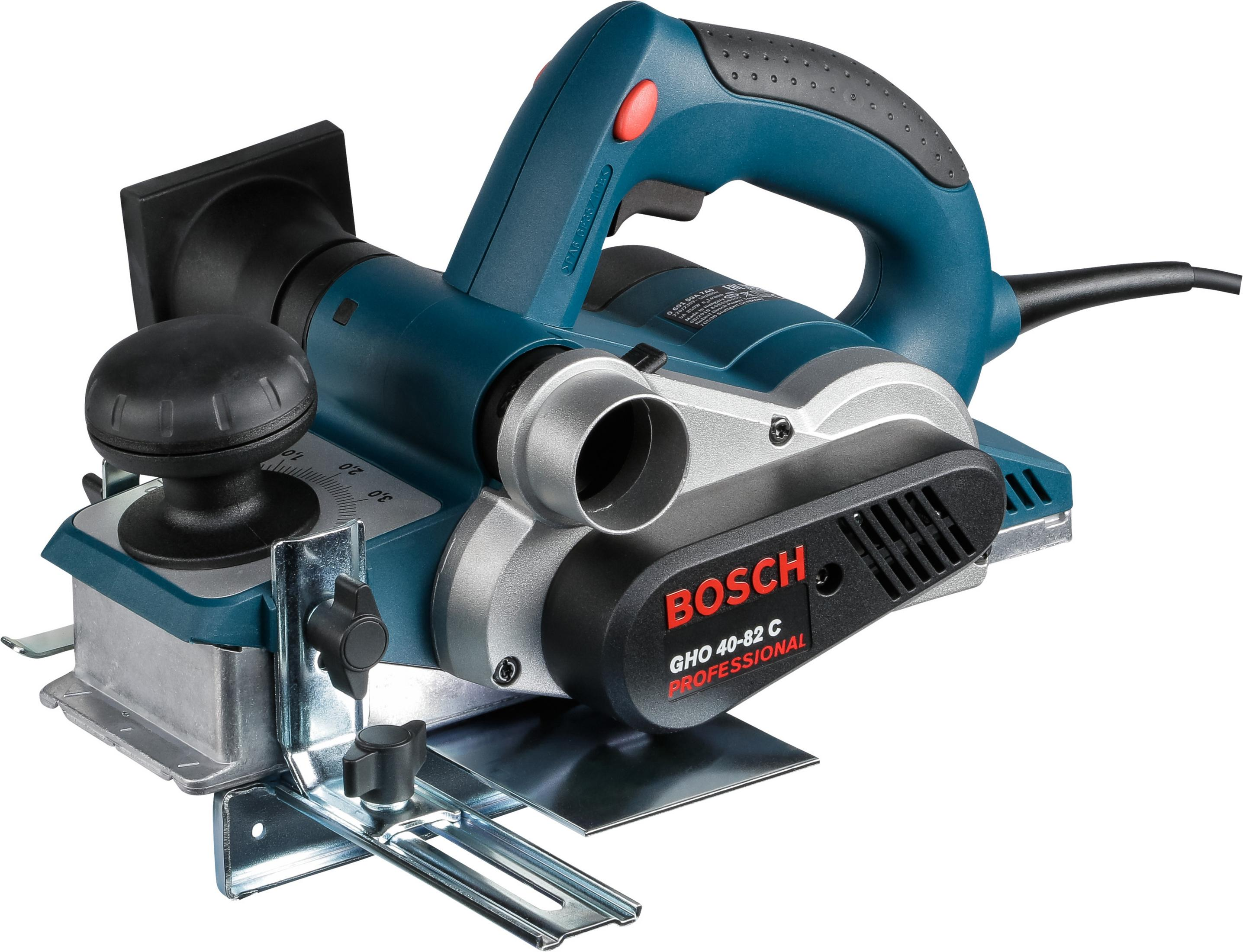 Una pialla Bosch GHO 40-82 C blu e argento con manico nero e porta polvere.