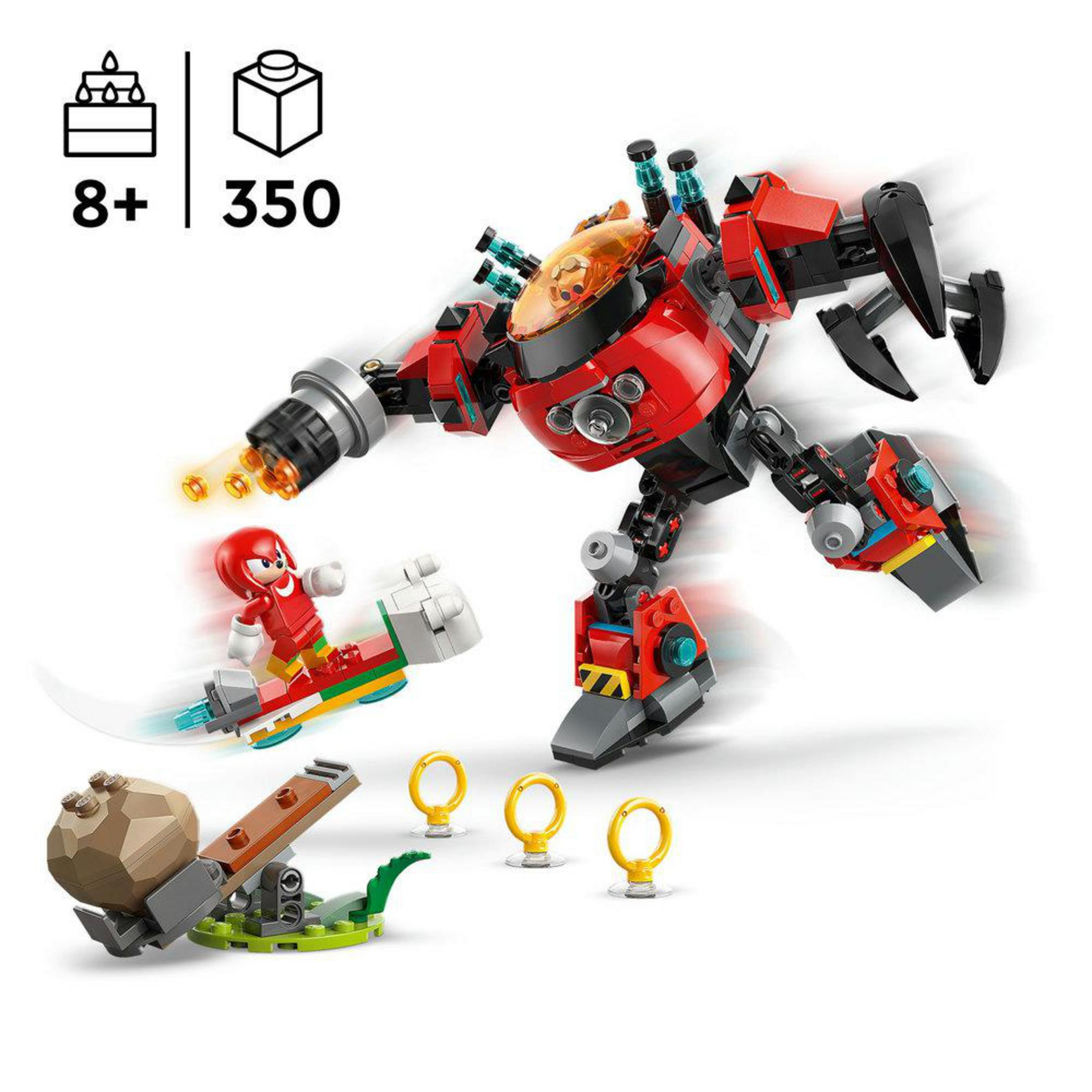 Mech rosso con Knuckles su hoverboard, spara anelli e una roccia.