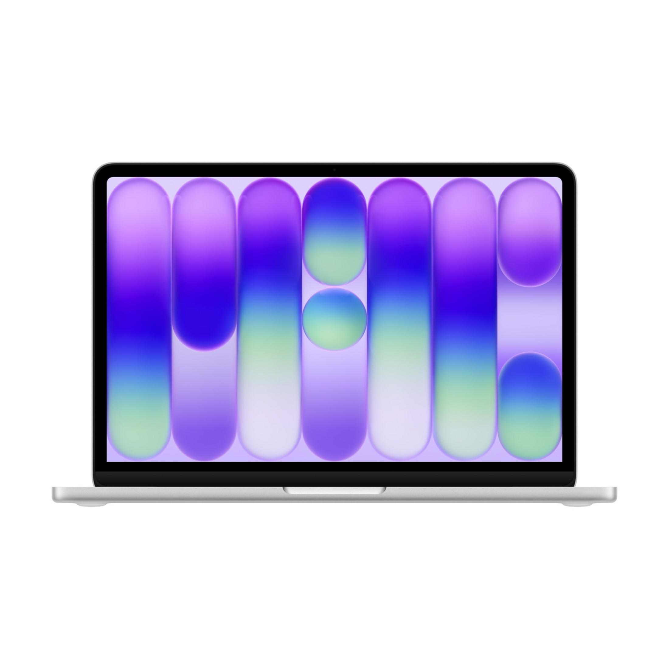Un laptop aperto con uno sfondo astratto e colorato sul suo schermo.