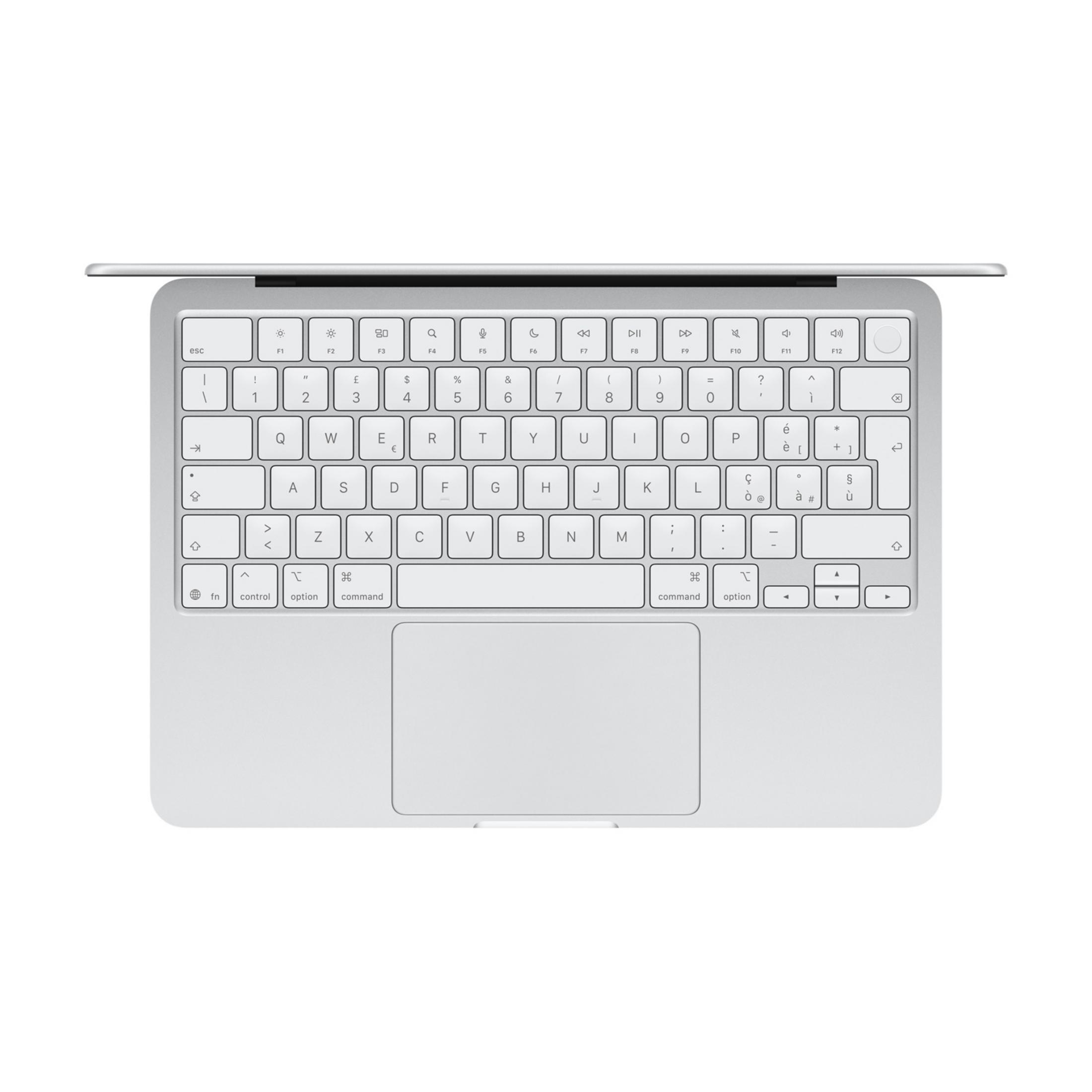 Tastiera per laptop argento con trackpad, tasti bianchi e simboli.