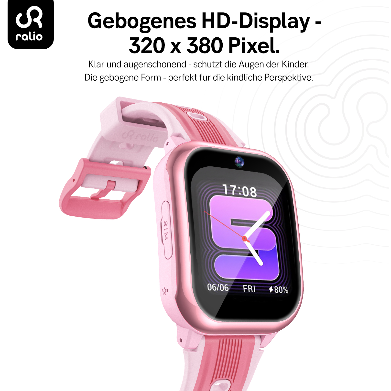 Eine rosa Kinder-Smartwatch mit gebogenem HD-Display und dem Rali-Logo.