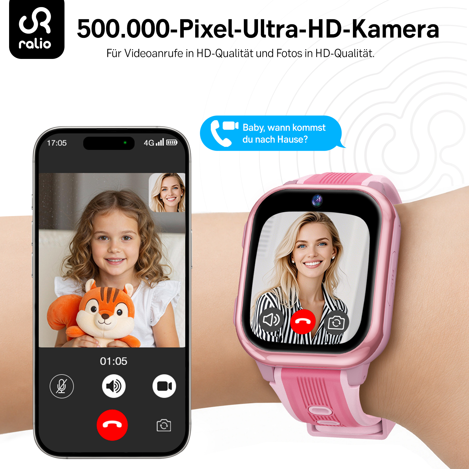 Ein Smartphone und eine pinke Smartwatch zeigen Videoanrufe. Ein Kind mit Eichhörnchen-Spielzeug, eine Frau.