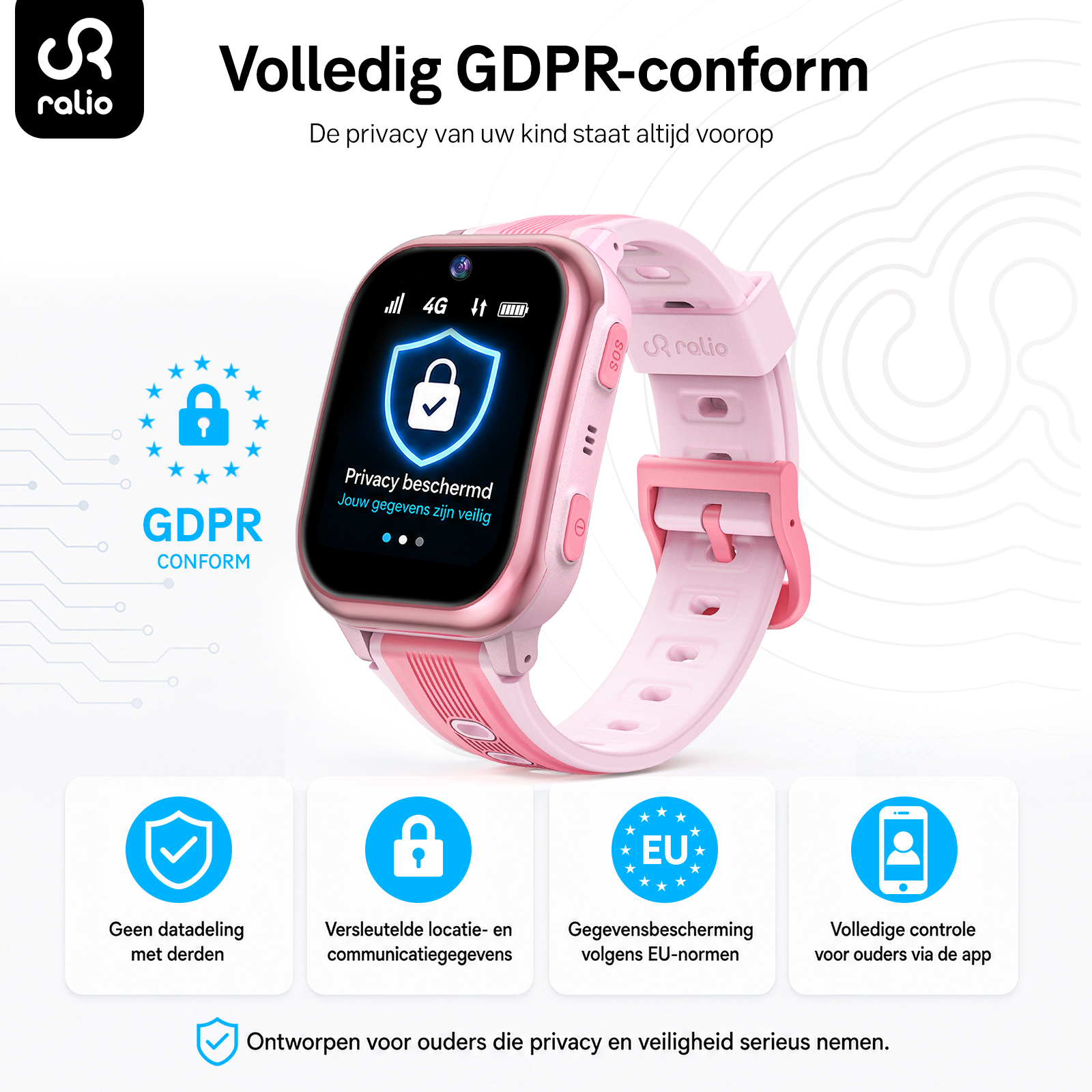 Ein rosafarbene Kinder-Smartwatch mit GDPR-Konformitätssymbolen und Text.