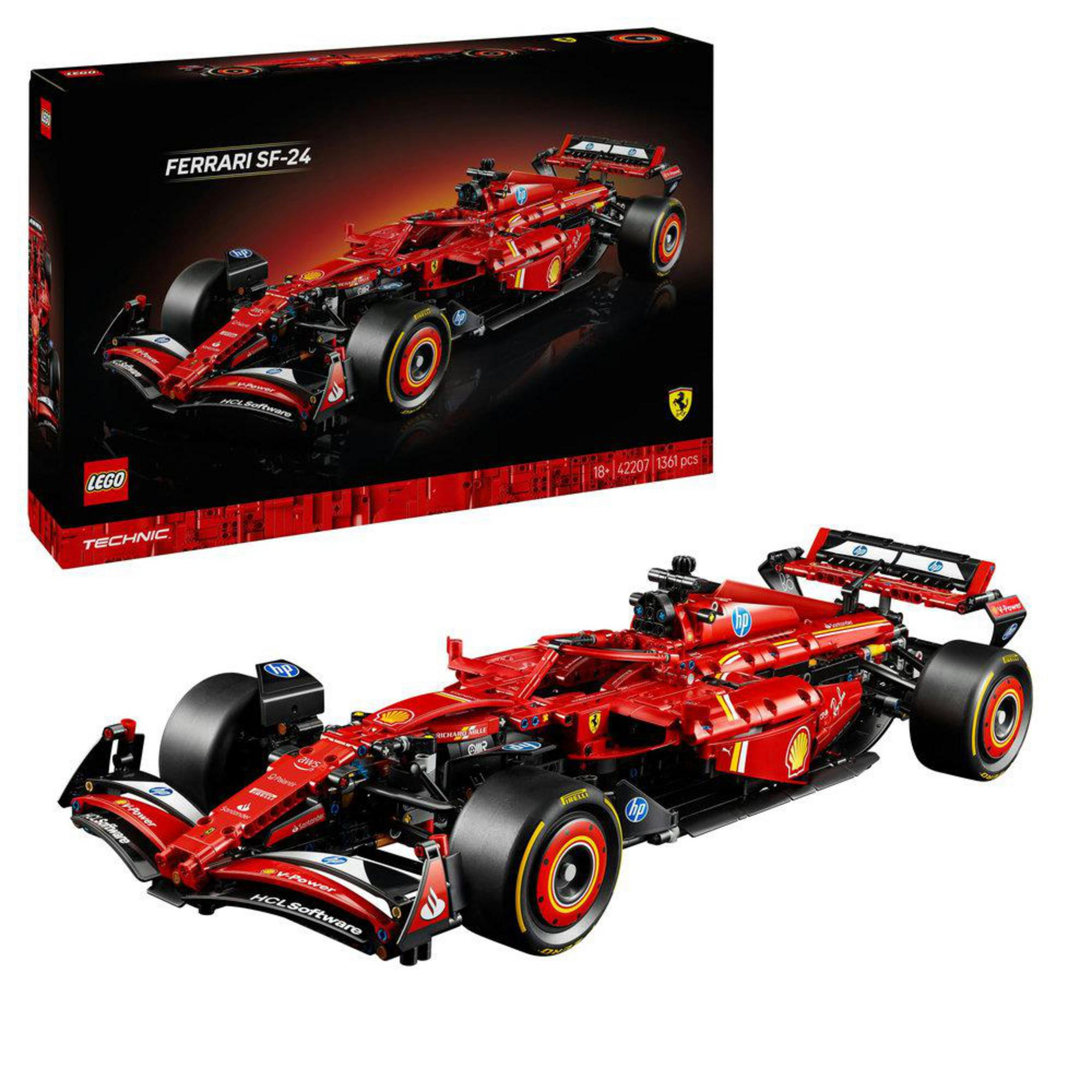 Ein roter Lego Technic Ferrari SF-24 Formel-1-Wagen mit Box.