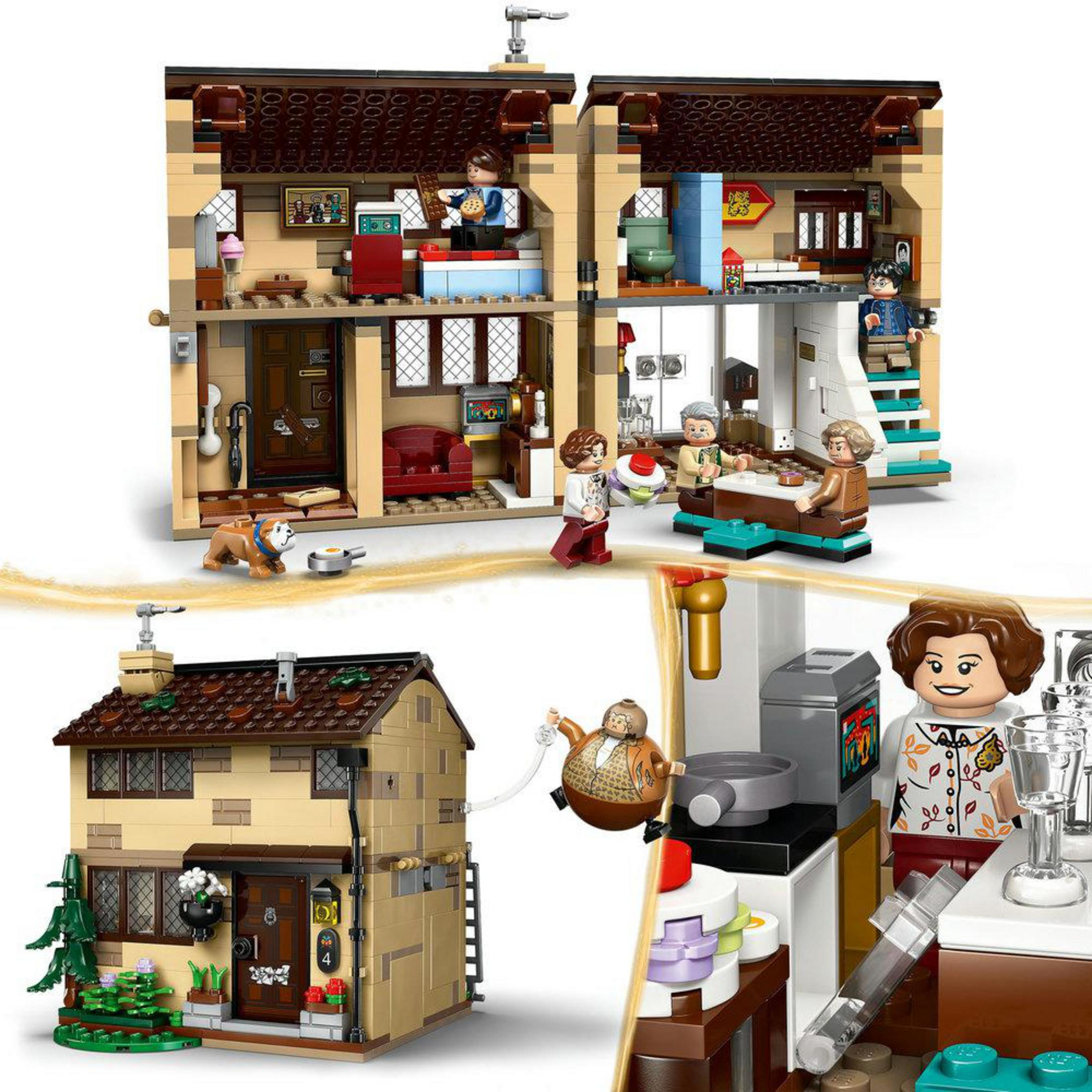 Model Lego domu Weasleyów z figurkami i meblami.