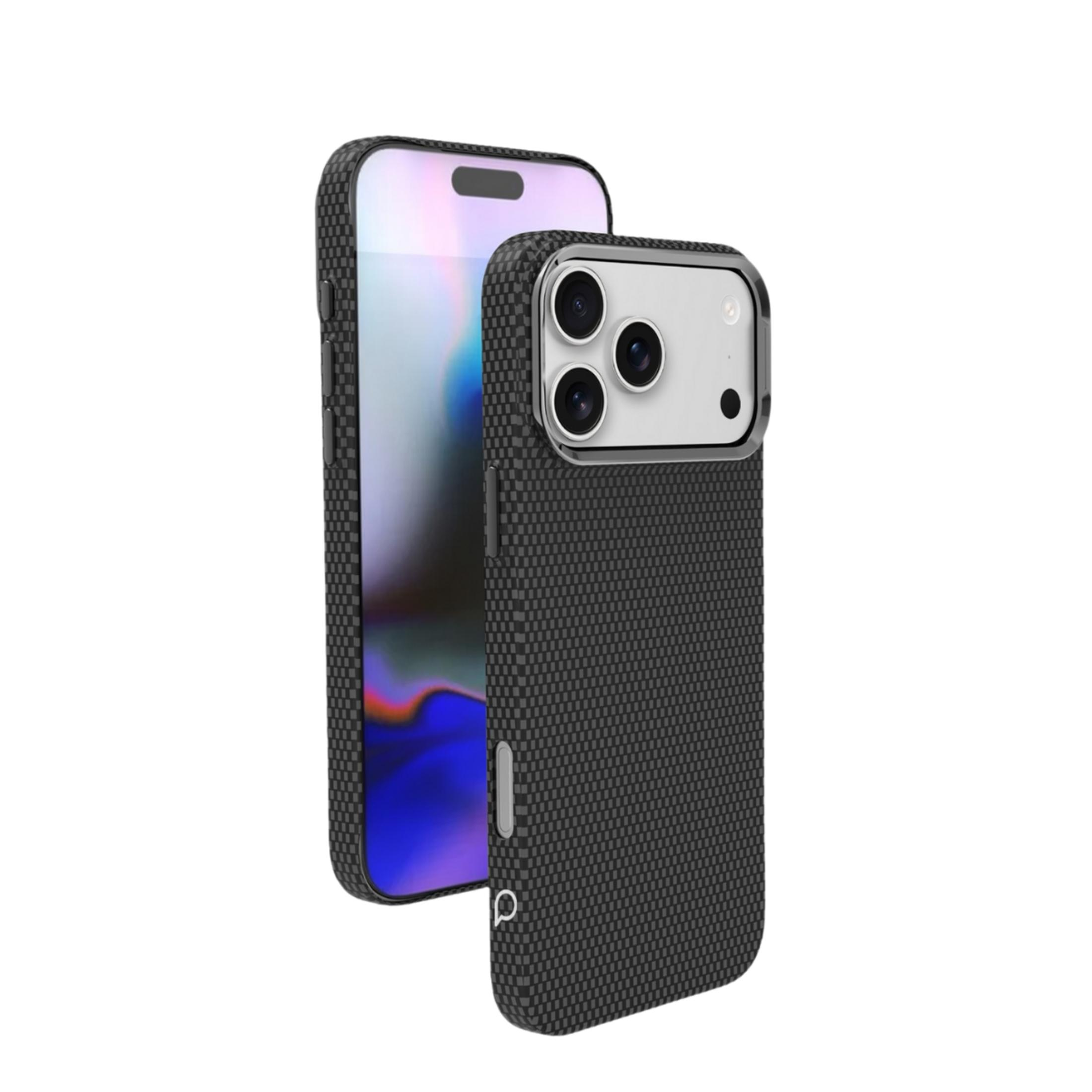 Karbon fiber kılıflı siyah telefon, üç kamera.