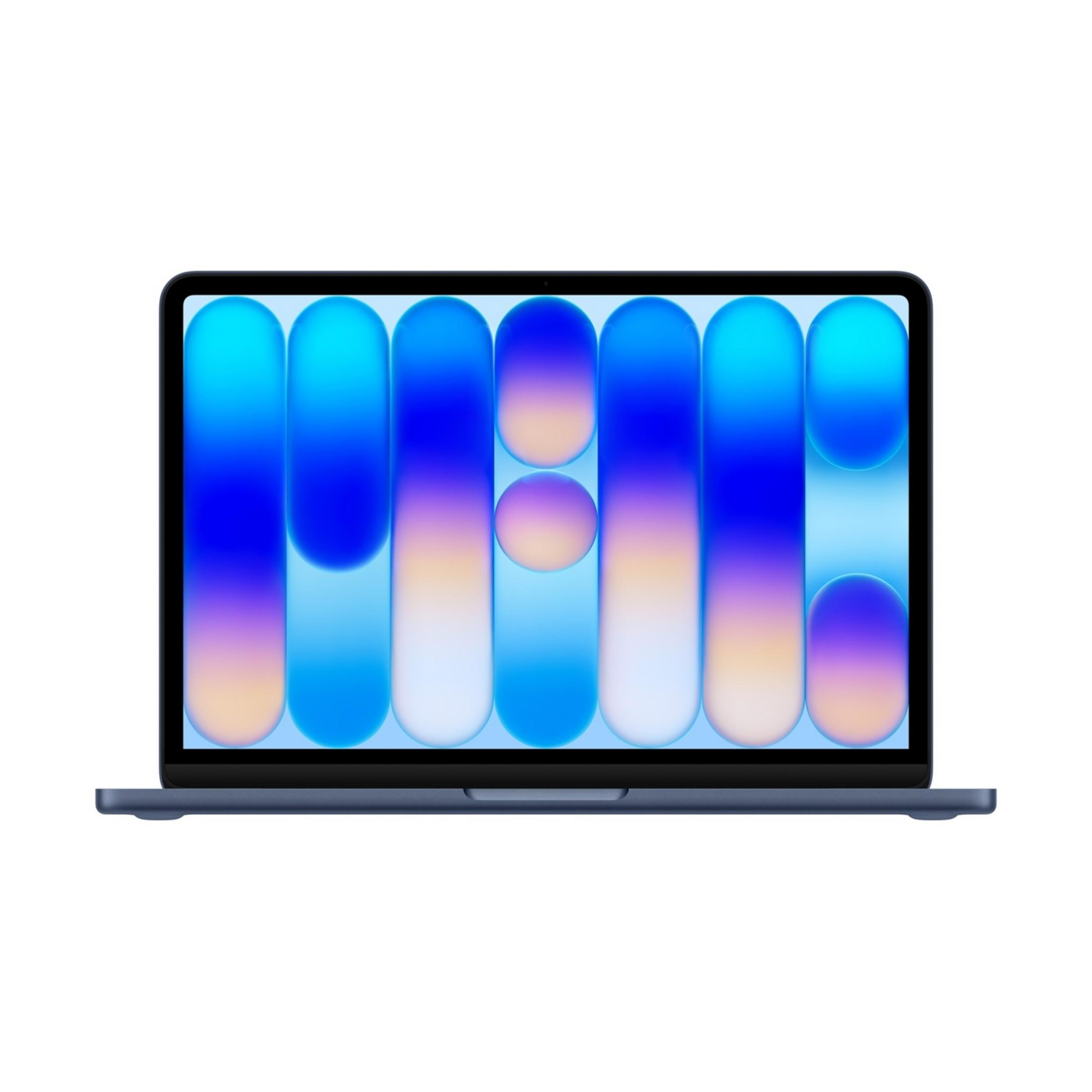 Un laptop blu scuro che visualizza uno sfondo astratto blu e viola.