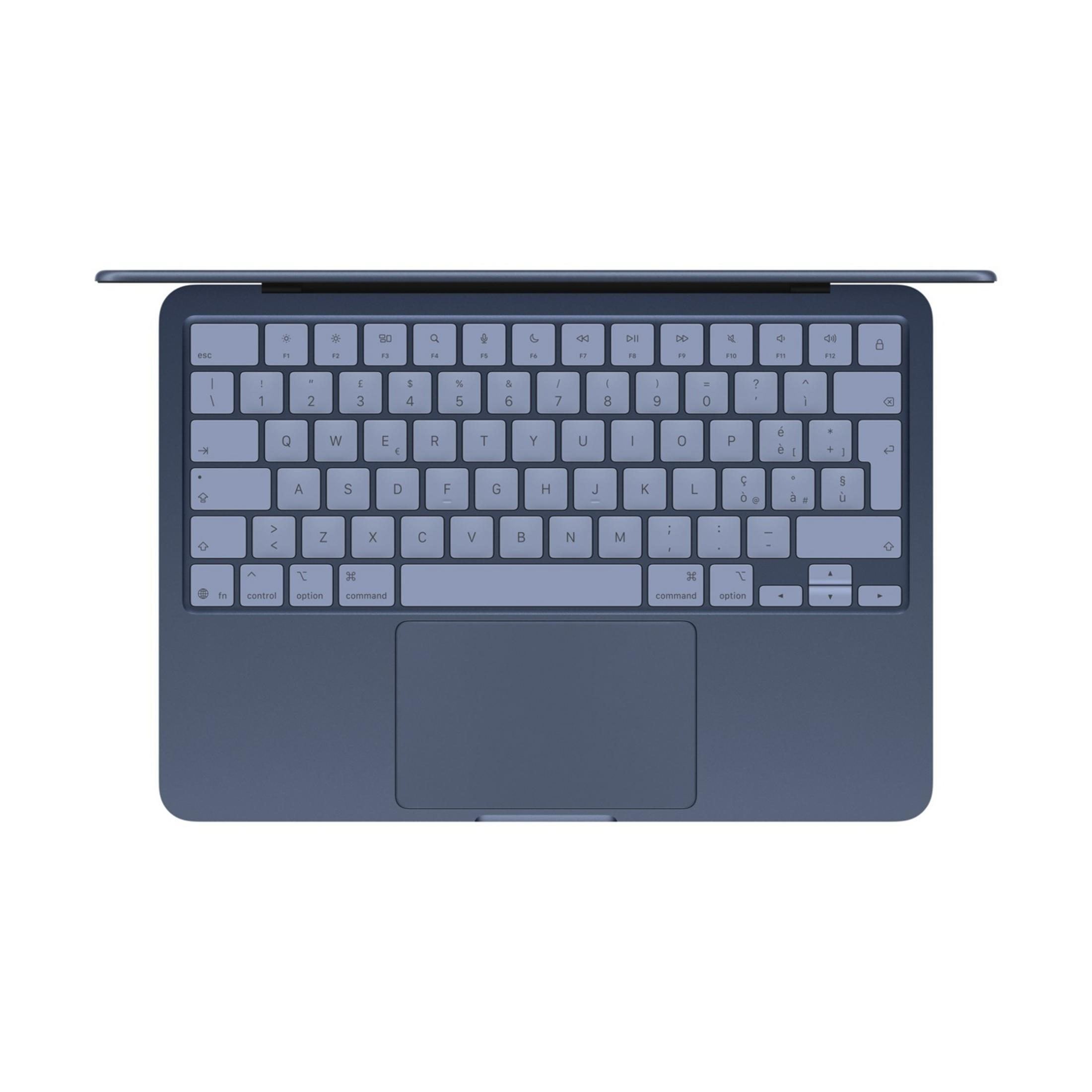 Una tastiera blu retroilluminata con trackpad, vista dall'alto.