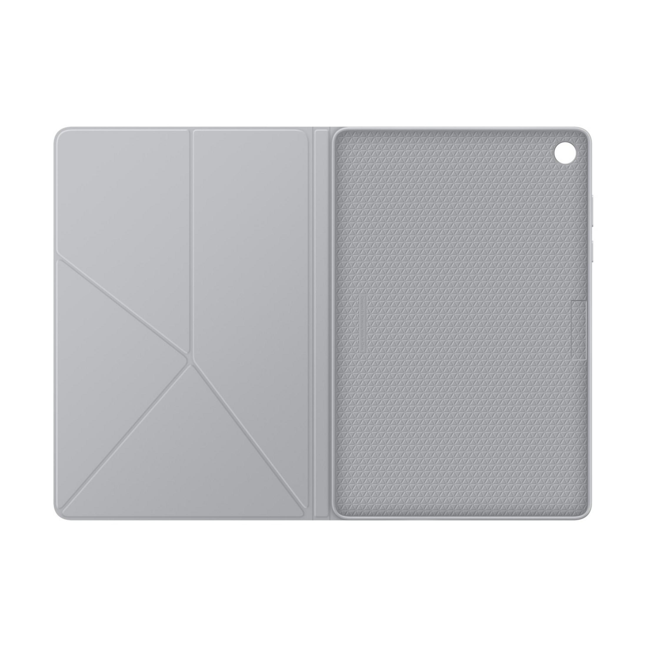 Gray tablet case, open, showing folded front cover and patterned back.