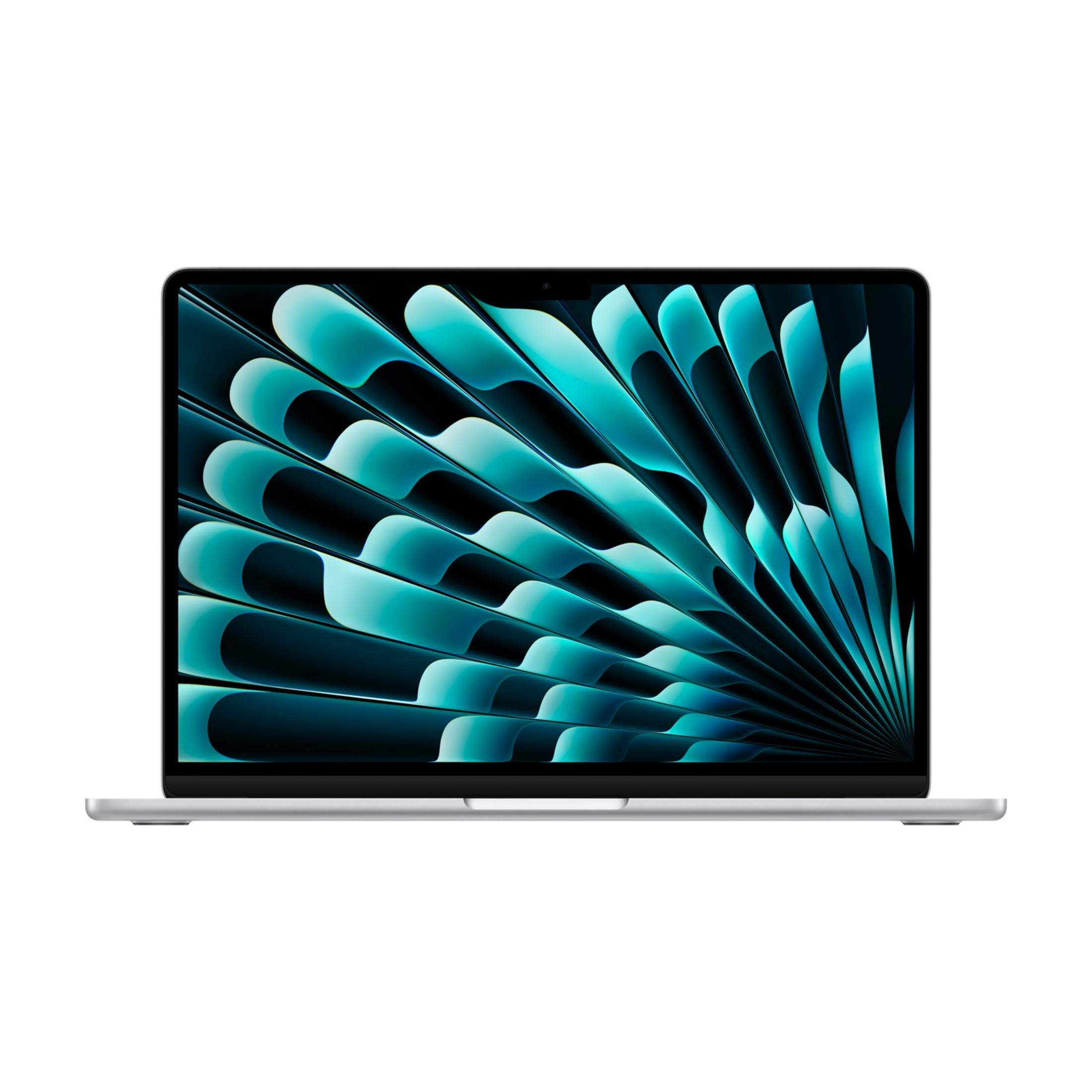 Un laptop argentato mostra uno sfondo astratto verde acqua sullo schermo.