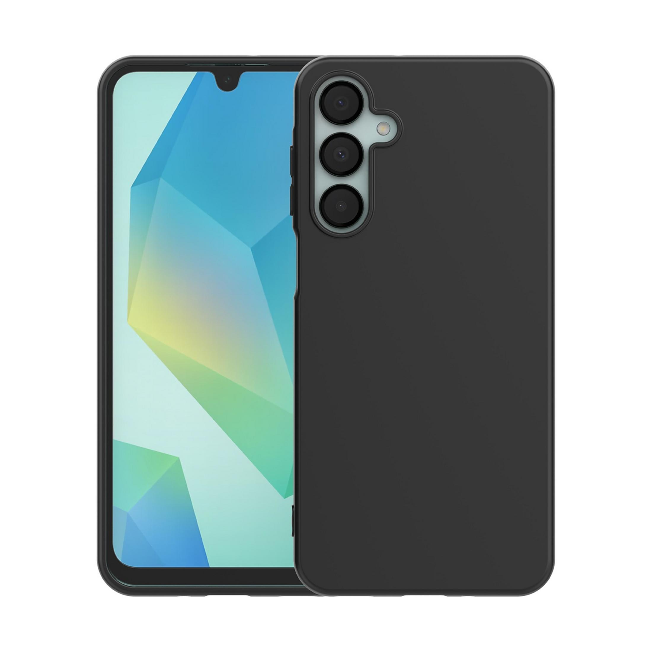Una cover nera copre il retro di uno smartphone con schermo geometrico colorato.