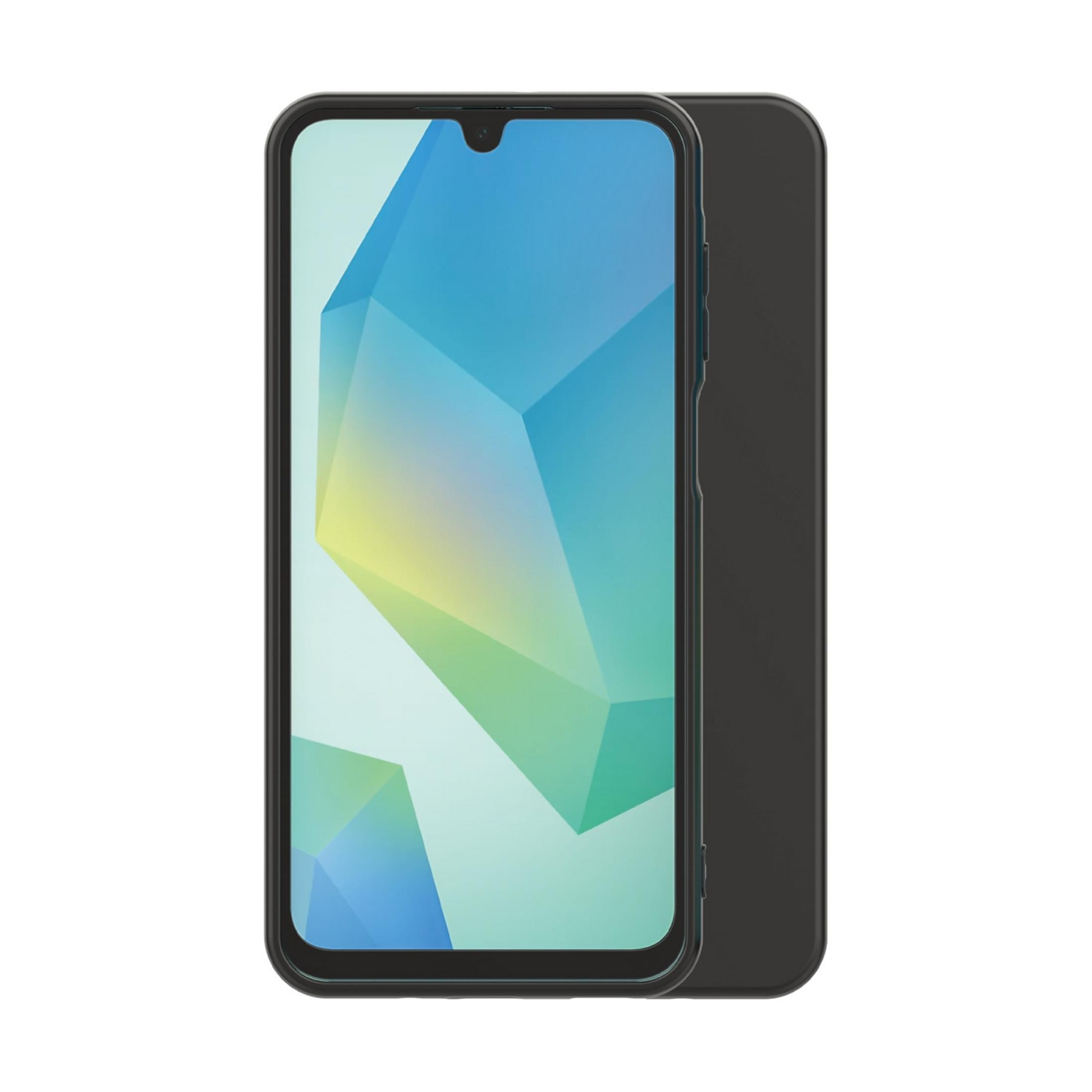 Smartphone nero con uno sfondo astratto colorato sul suo schermo.