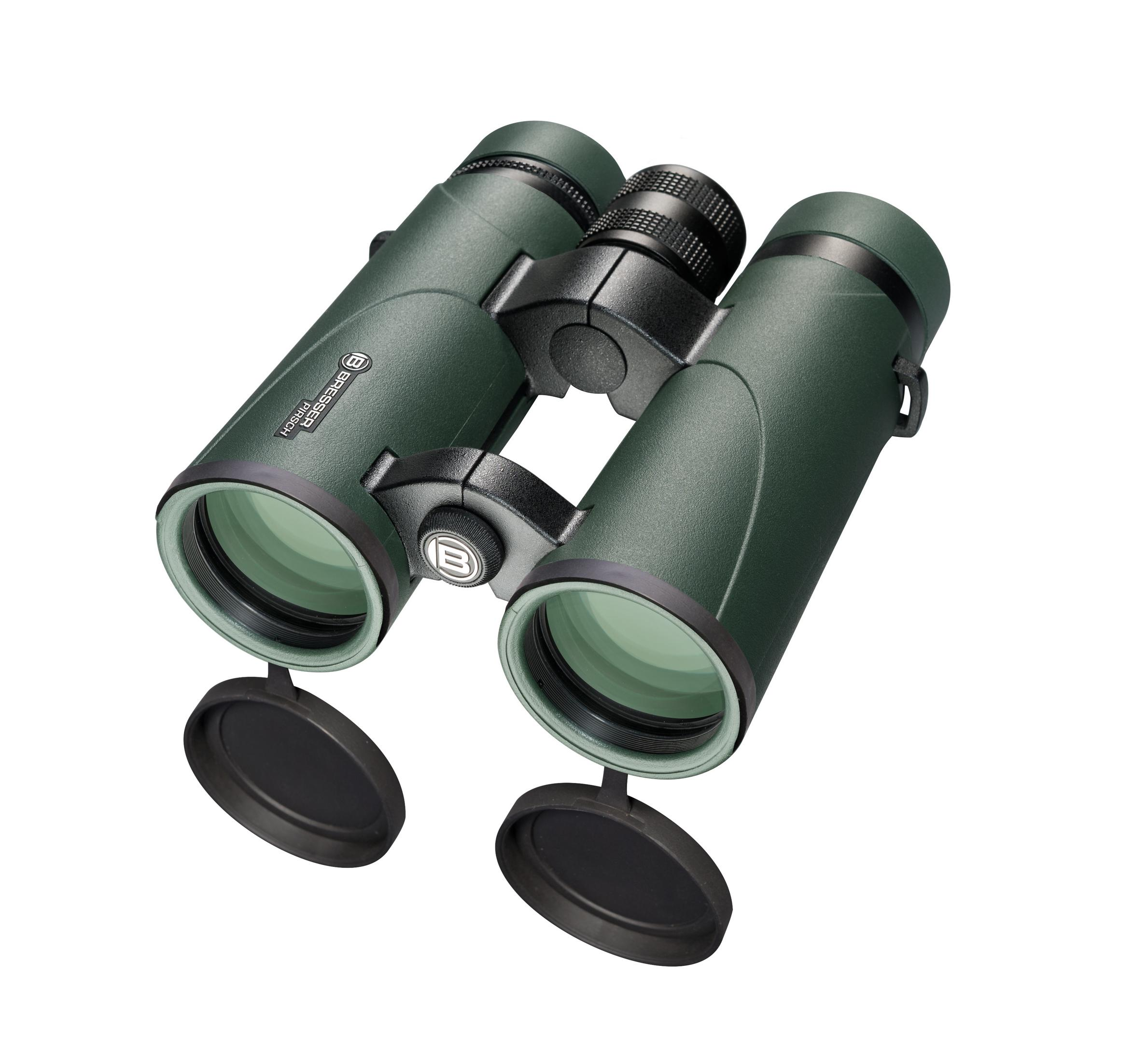 Groene Bresser Pirsch verrekijker met lensdoppen, op witte achtergrond.