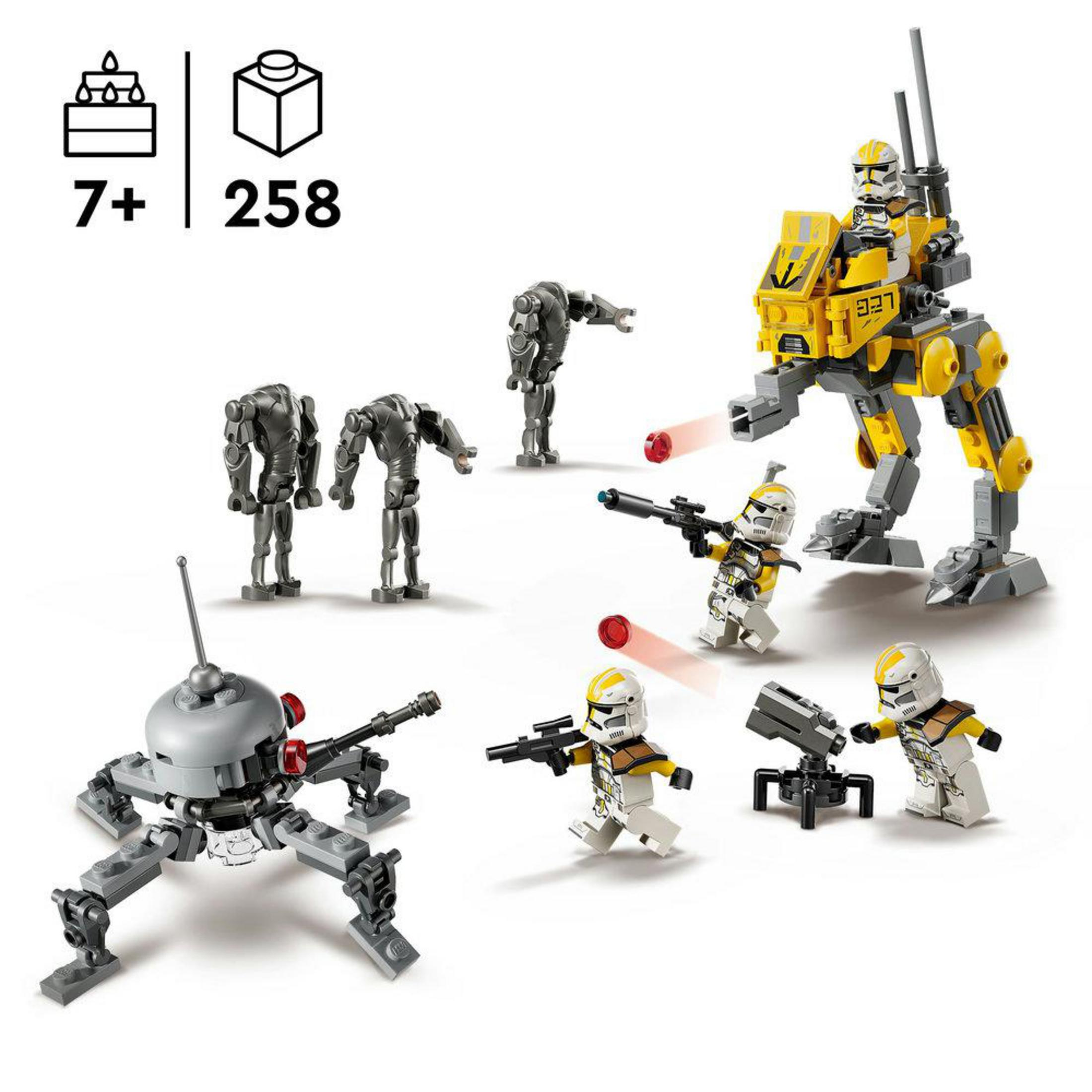 Set LEGO con cloni, droide e veicoli. Età 7+, 258 pezzi.