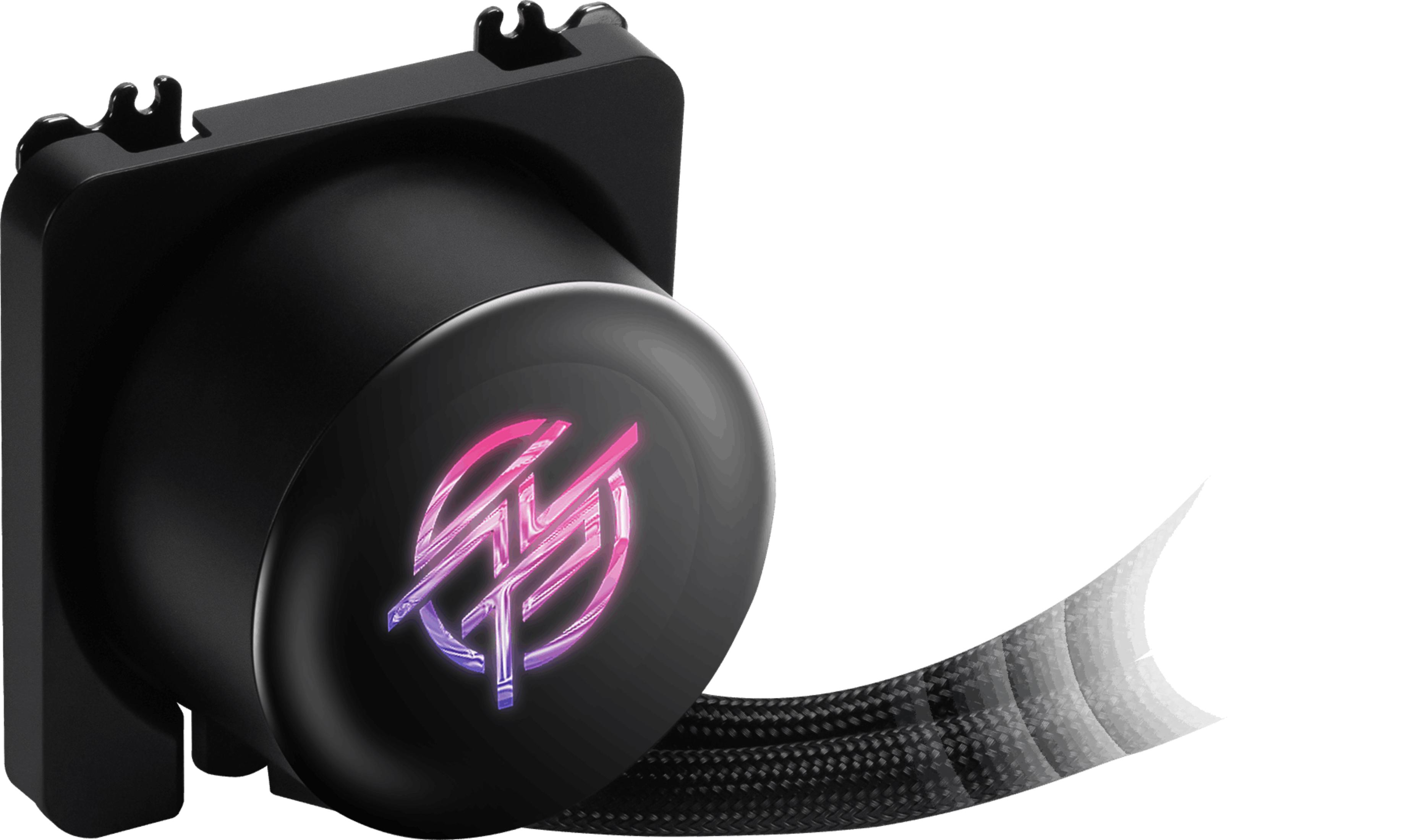 Schwarzer Kühler mit pink-violettem Logo und Gewebeschlauch.