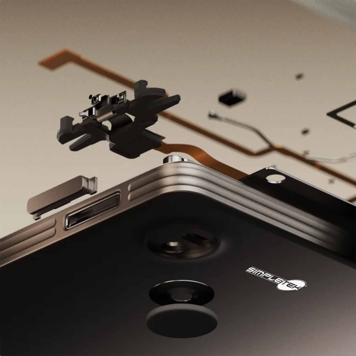 Explosionsansicht der internen Komponenten eines Smartphones, zeigt Kamera und Schaltkreise.
