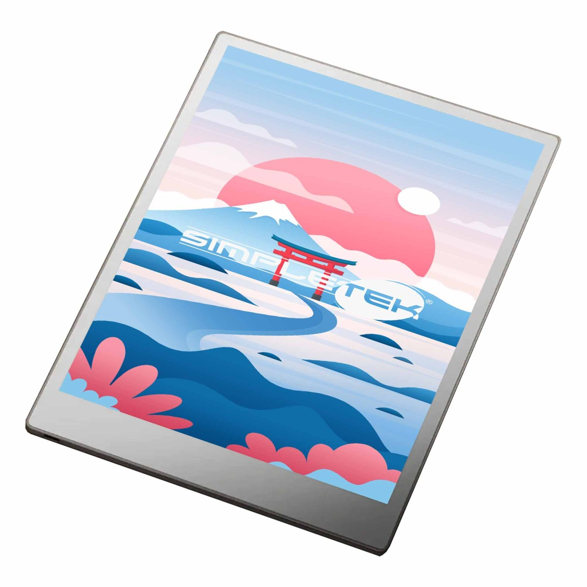 Bir tablet, Fuji Dağı, bir torii kapısı ve pembe çiçekler içeren Japon manzarasını gösteriyor.