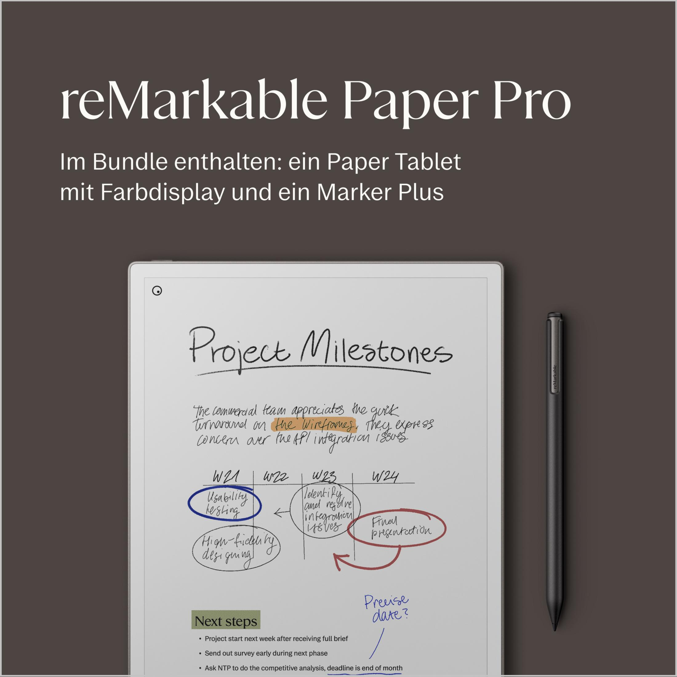 Proje kilometre taşlarını gösteren reMarkable Paper Pro tablet ve Marker Plus kalem.