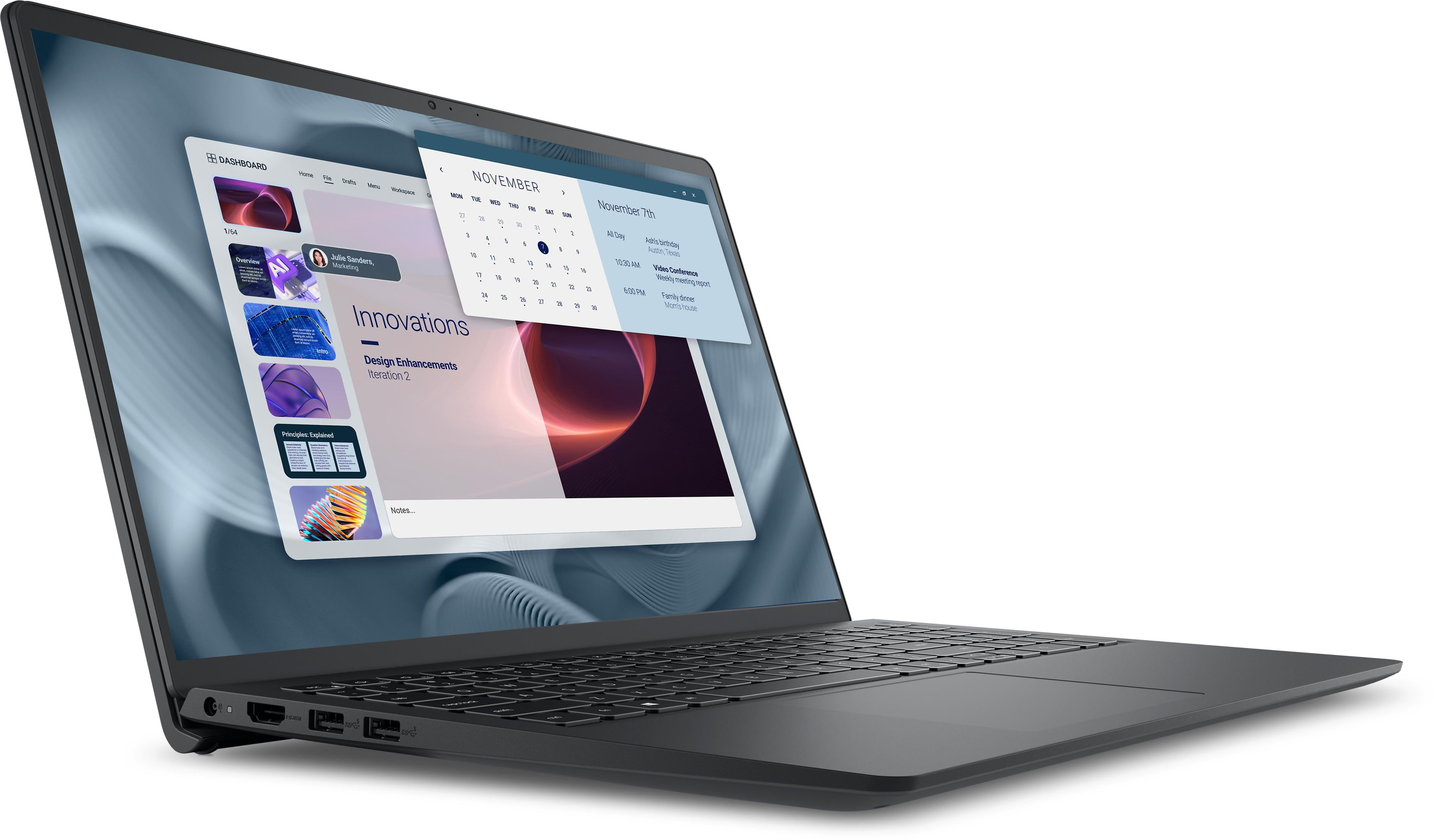 Ein schwarzer Laptop zeigt ein Dashboard mit Kalender und Notizen.