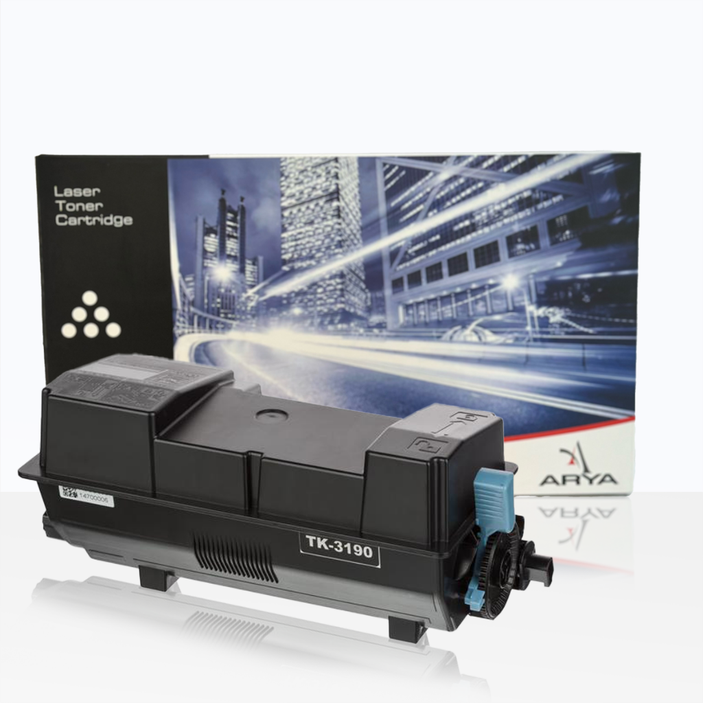 Şehir silüetli kutunun önünde siyah TK-3190 lazer toner kartuşu.