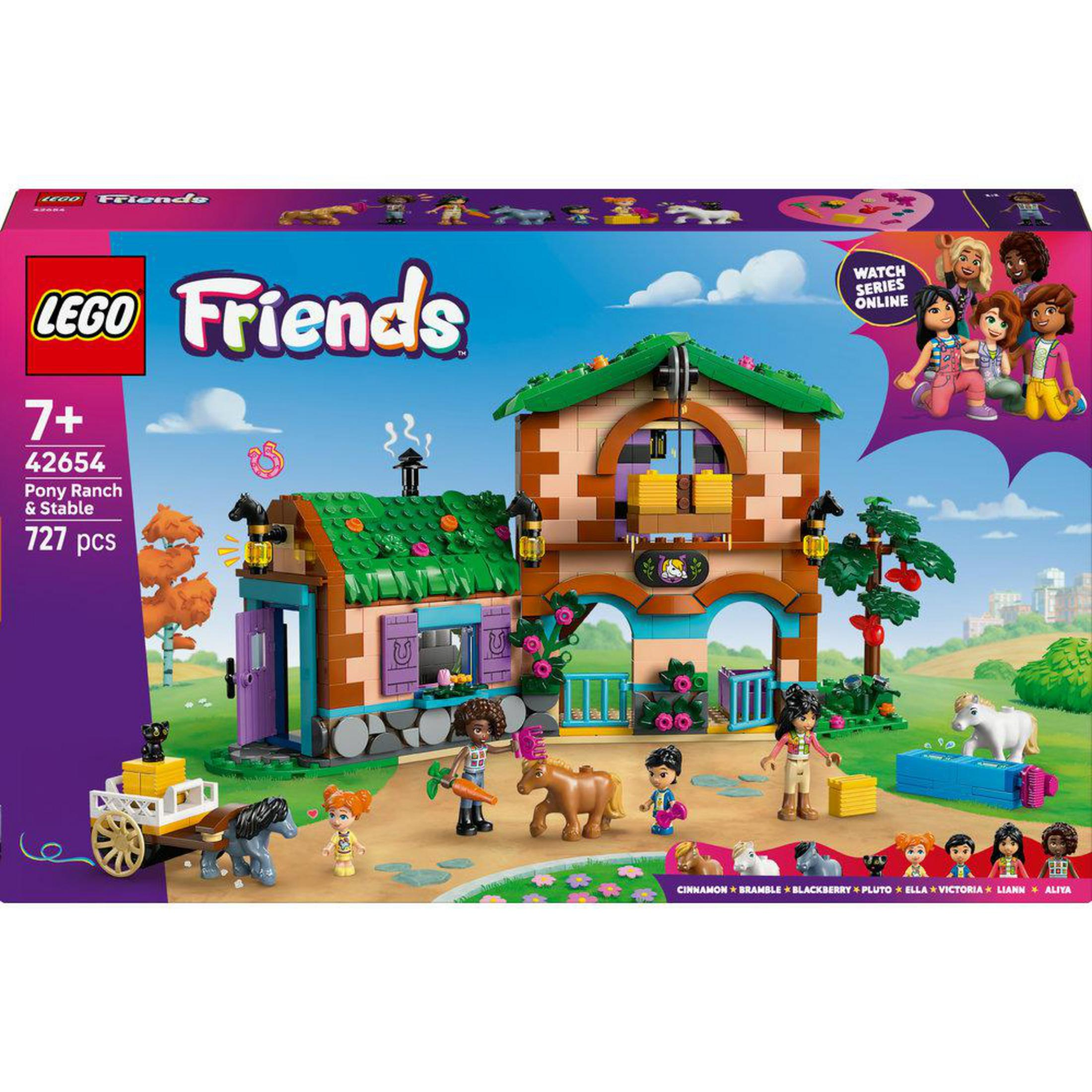 Zestaw Lego Friends Ranch i Stajnia dla Kucyków z figurkami, końmi, wózkiem i budynkiem.