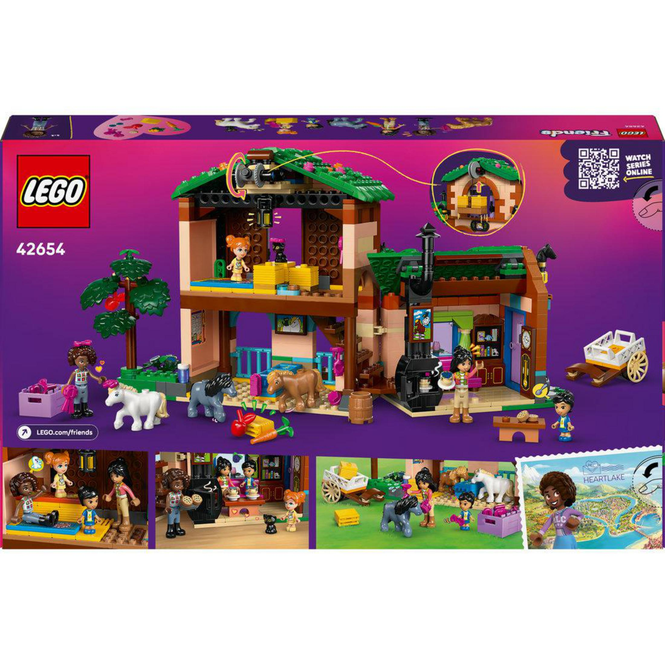 Zestaw Lego Friends z stodołą, końmi, figurkami i mapą Heartlake City.
