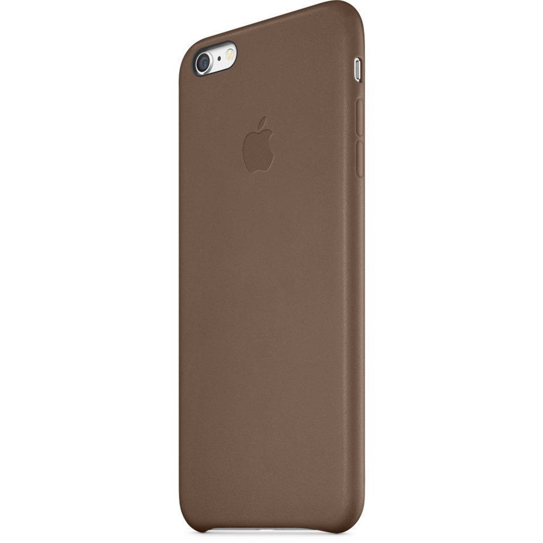 Custodia marrone per iPhone con logo Apple e foro fotocamera.