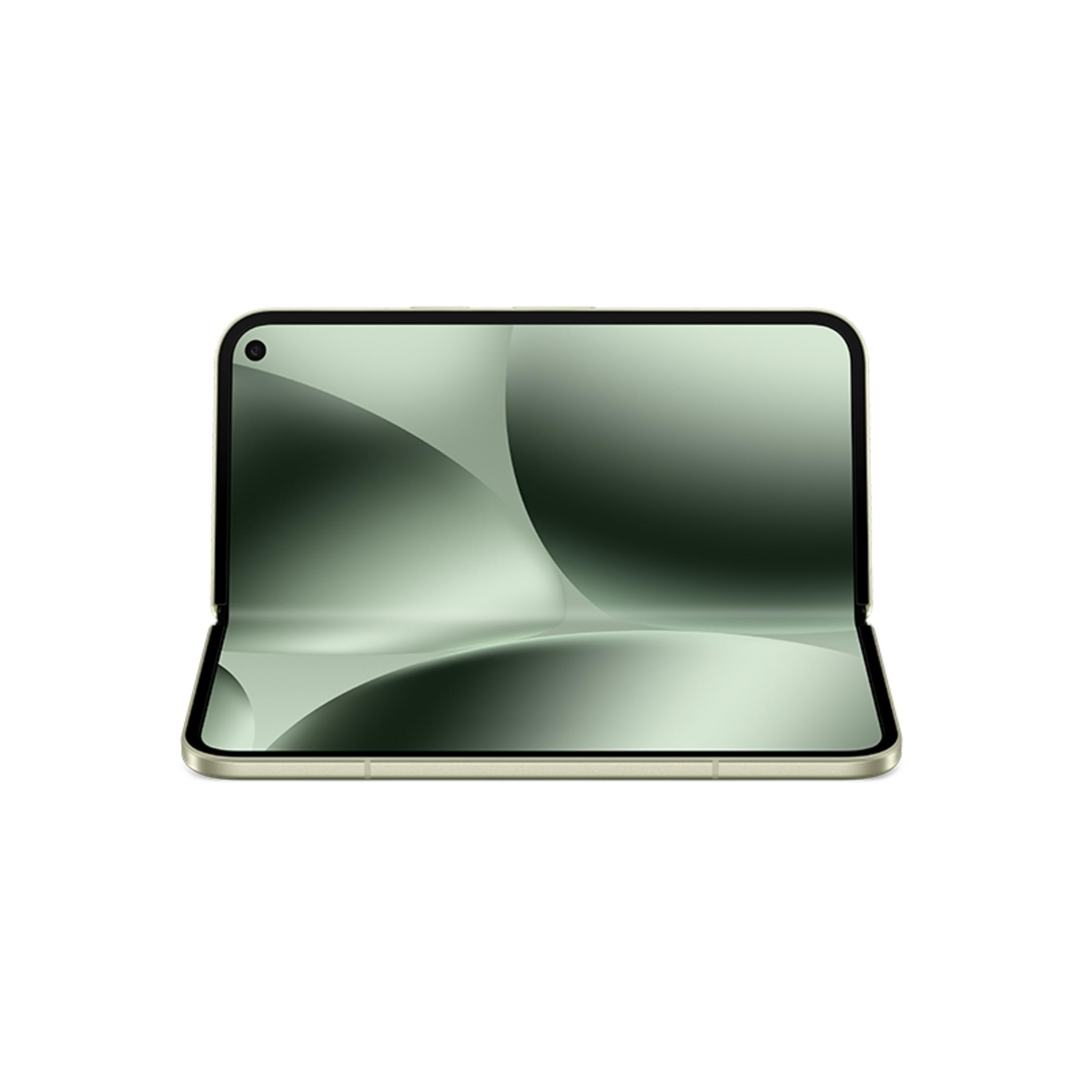 Ein offenes Smartphone mit hellem, minimalistischem Hintergrund. Die Bildschirme zeigen grüne Muster.