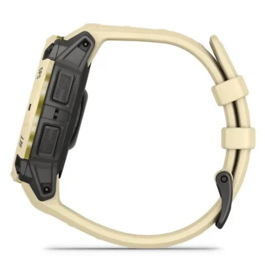 Beige Smartwatch mit schwarzen Tasten und Armband auf weißem Hintergrund.